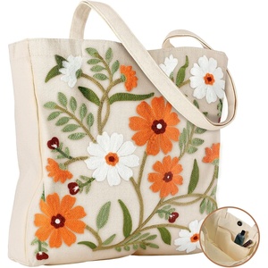 image:imageMiss Adola Embroidery Canvas Tote Bag for Women  Reusable Totes with Pocket amp Buckle Aesthetic Cute Grocery Shoulder BagLeaf Flower