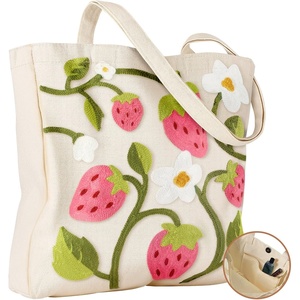 image:imageMiss Adola Embroidery Canvas Tote Bag for Women  Reusable Totes with Pocket amp Buckle Aesthetic Cute Grocery Shoulder BagStrawberry Flower