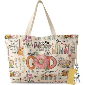 image:imageMiss Adola Large Tote Bag for Women  Aesthetic Cute Big Canvas Bags with Zipper Cotton Shoulder Bag for Gym Travel WorkBiblical God