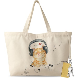 image:imageMiss Adola Large Tote Bag for Women  Aesthetic Cute Big Canvas Bags with Zipper Cotton Shoulder Bag for Gym Travel WorkCat With Earphone