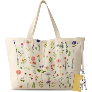 image:imageMiss Adola Large Tote Bag for Women  Aesthetic Cute Big Canvas Bags with Zipper Cotton Shoulder Bag for Gym Travel WorkGreen Wild Flower