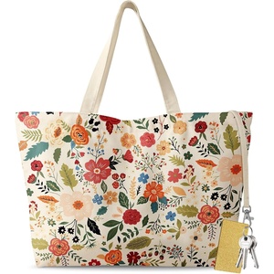 image:imageMiss Adola Large Tote Bag for Women  Aesthetic Cute Big Canvas Bags with Zipper Cotton Shoulder Bag for Gym Travel WorkRed Flower