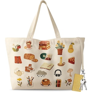 image:imageMiss Adola Large Tote Bag for Women  Aesthetic Cute Big Canvas Bags with Zipper Cotton Shoulder Bag for Gym Travel WorkTea Time