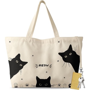 image:imageMiss Adola Large Tote Bag for Women  Aesthetic Cute Big Canvas Bags with Zipper Cotton Shoulder Bag for Gym Travel WorkThree Black Cats