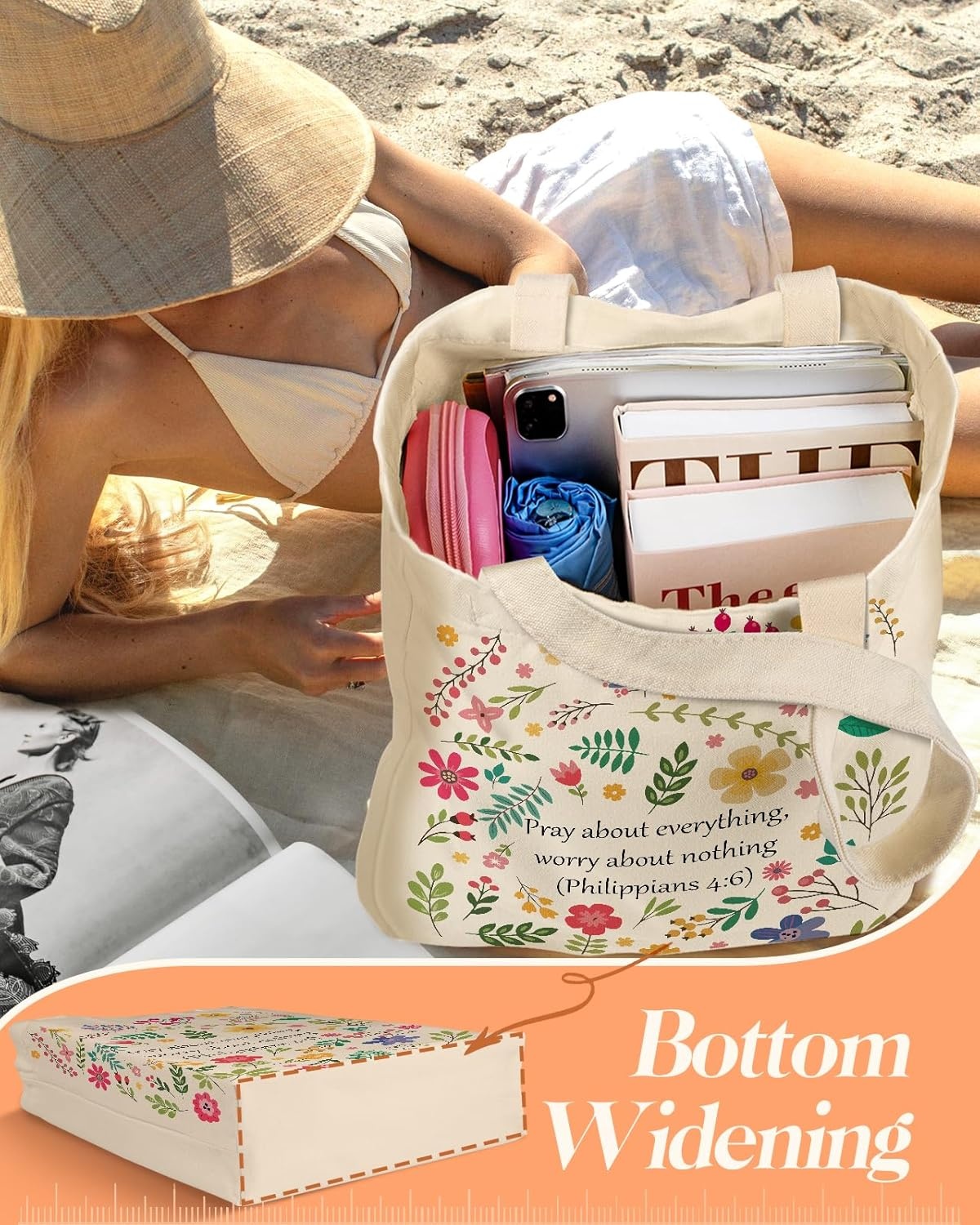 image:imageMiss Adola 2 Pack Canvas Tote Bag with Makeup Pouch Aesthetic Cute Women Reusable Canvas Bag for Shopping Work TravelBible Blossoms