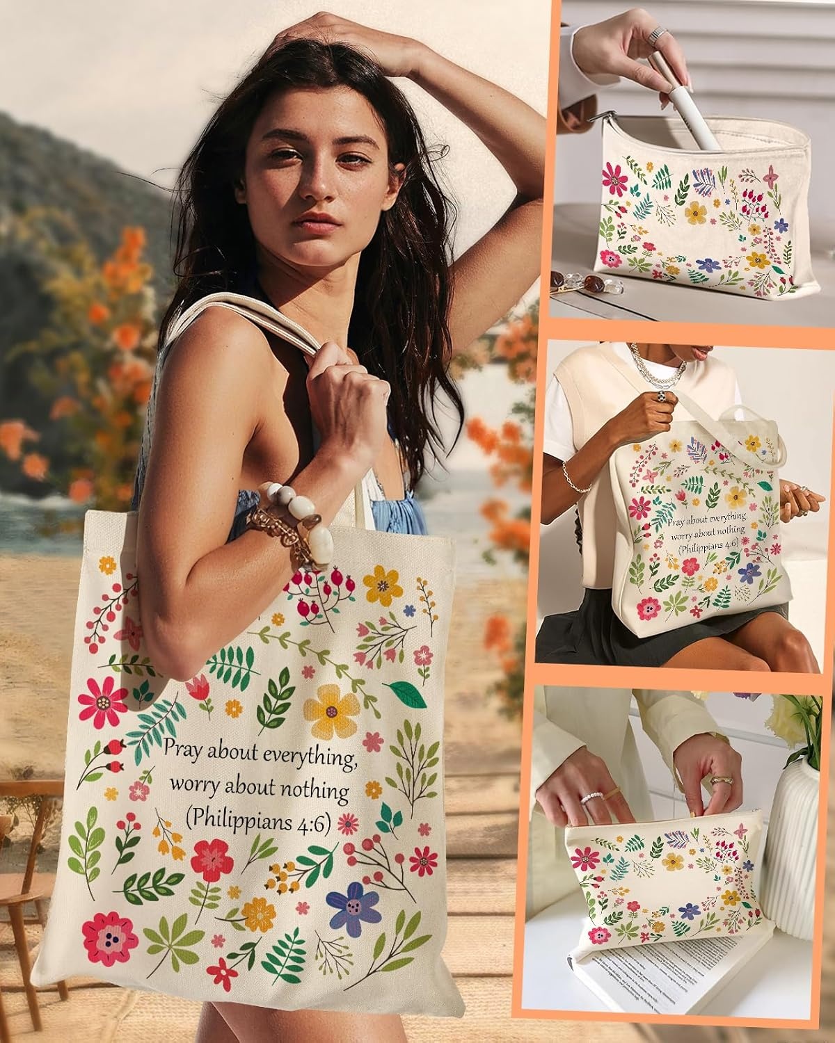 image:imageMiss Adola 2 Pack Canvas Tote Bag with Makeup Pouch Aesthetic Cute Women Reusable Canvas Bag for Shopping Work TravelBible Blossoms