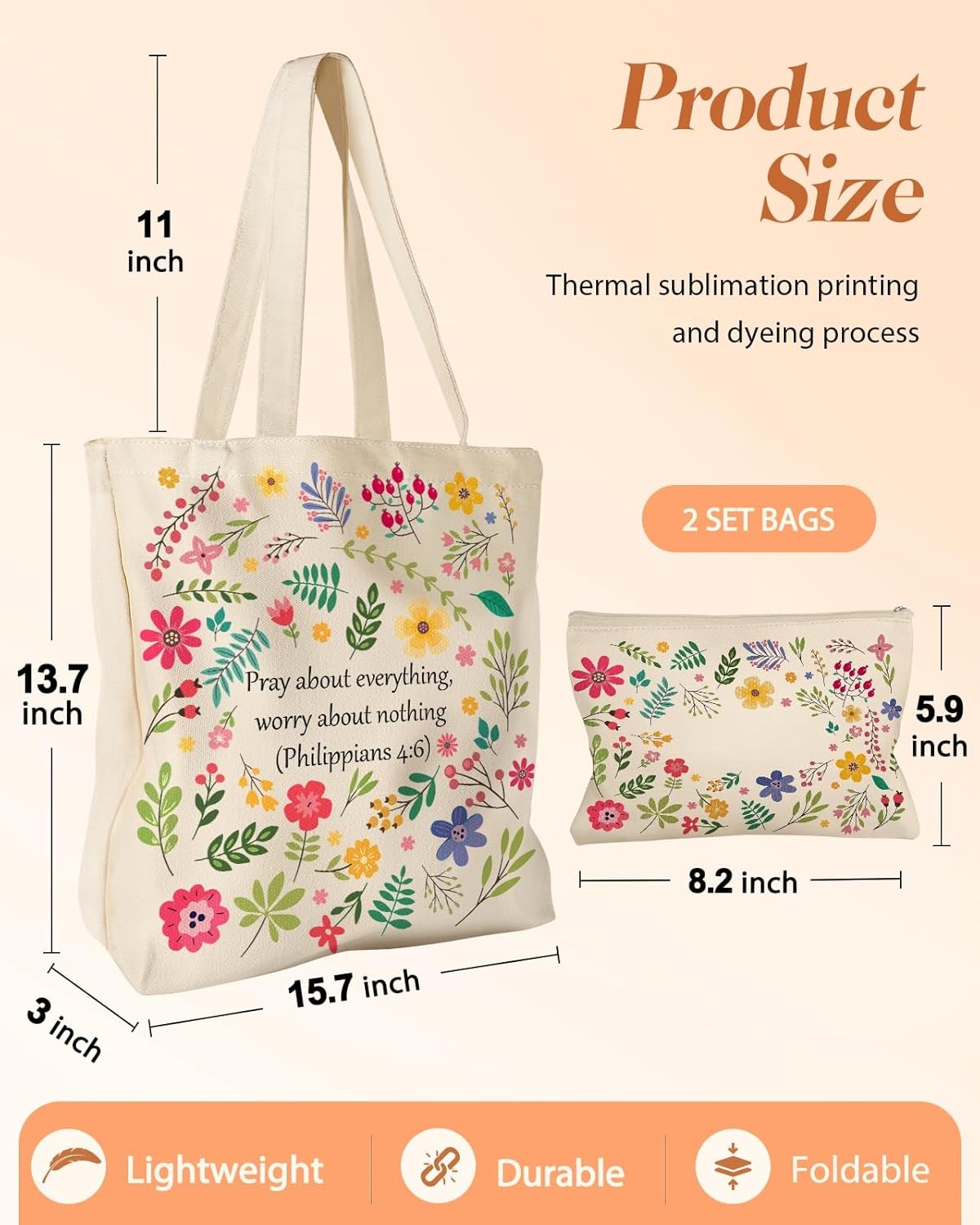 image:imageMiss Adola 2 Pack Canvas Tote Bag with Makeup Pouch Aesthetic Cute Women Reusable Canvas Bag for Shopping Work TravelBible Blossoms