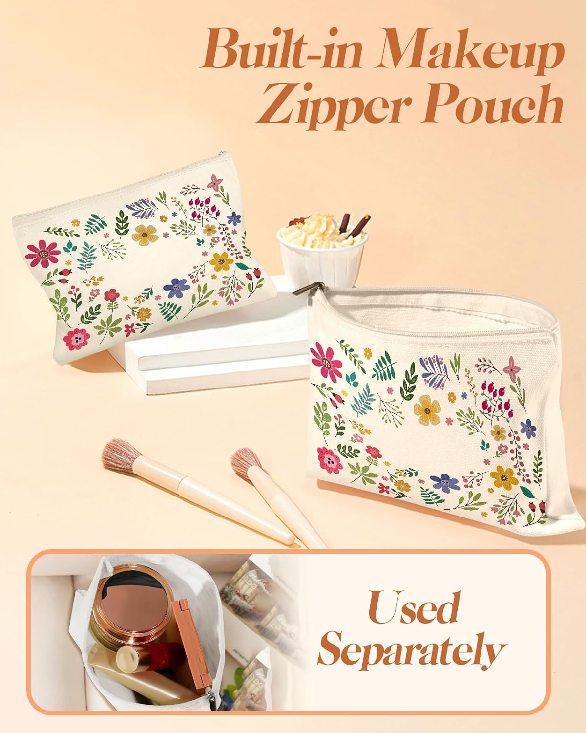 image:imageMiss Adola 2 Pack Canvas Tote Bag with Makeup Pouch Aesthetic Cute Women Reusable Canvas Bag for Shopping Work TravelBible Blossoms