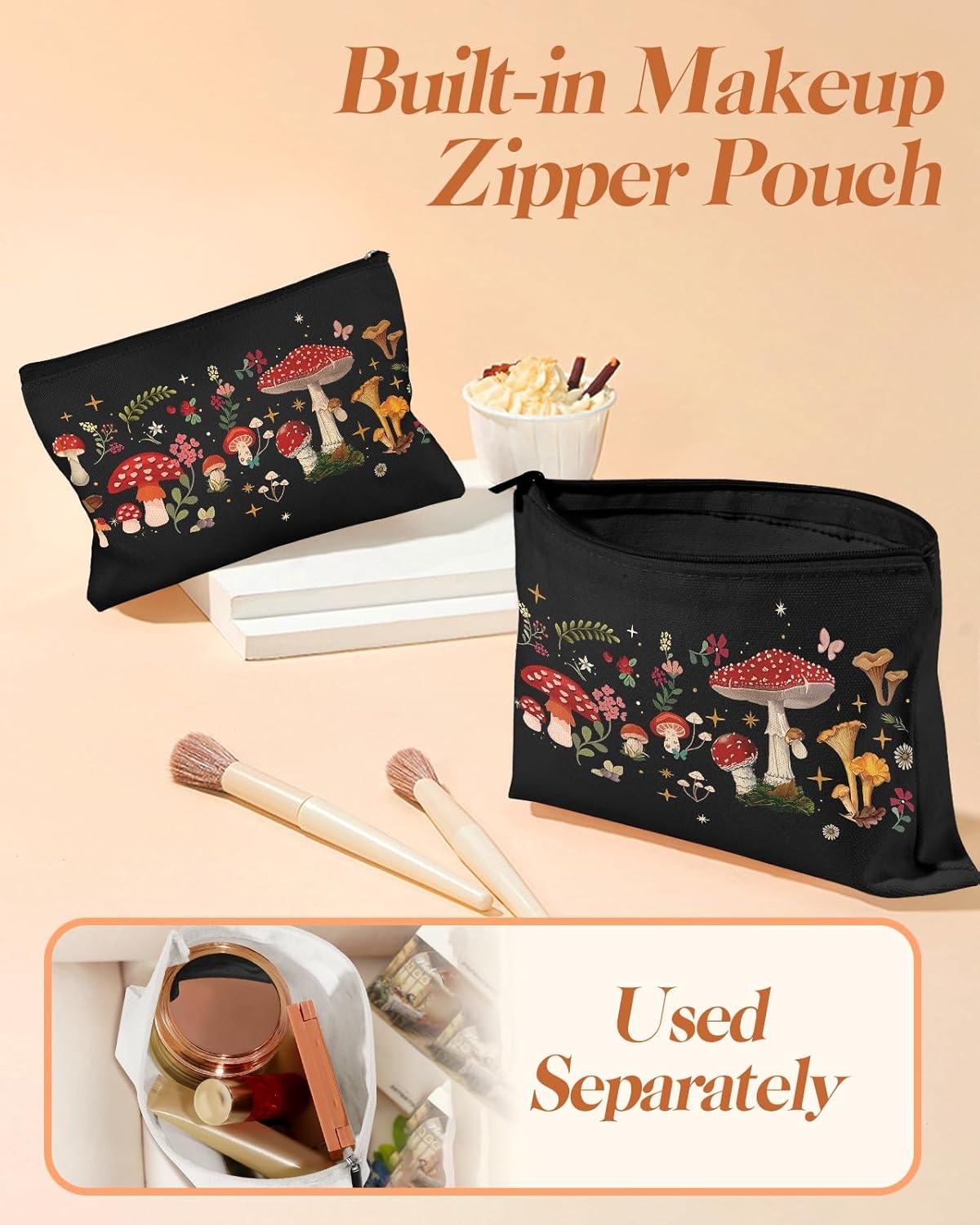 image:imageMiss Adola 2 Pack Canvas Tote Bag with Makeup Pouch Aesthetic Cute Women Reusable Canvas Bag for Shopping Work TravelBlack Mushroom
