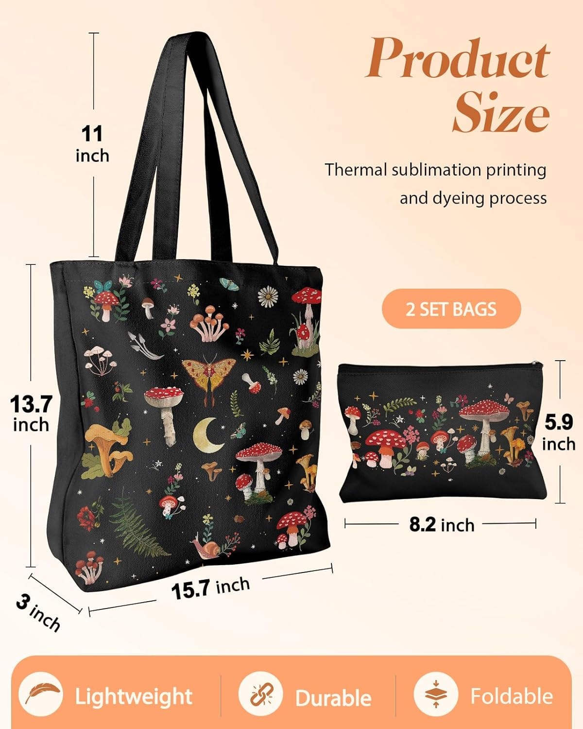 image:imageMiss Adola 2 Pack Canvas Tote Bag with Makeup Pouch Aesthetic Cute Women Reusable Canvas Bag for Shopping Work TravelBlack Mushroom
