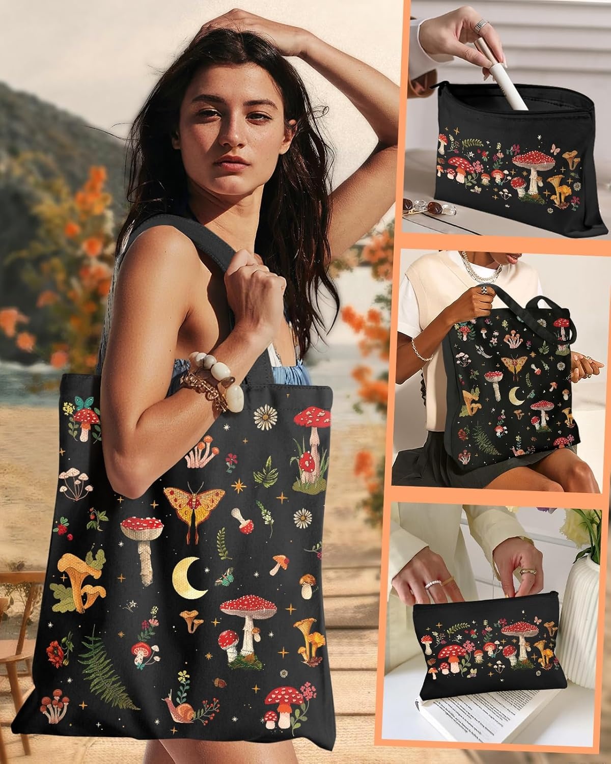 image:imageMiss Adola 2 Pack Canvas Tote Bag with Makeup Pouch Aesthetic Cute Women Reusable Canvas Bag for Shopping Work TravelBlack Mushroom