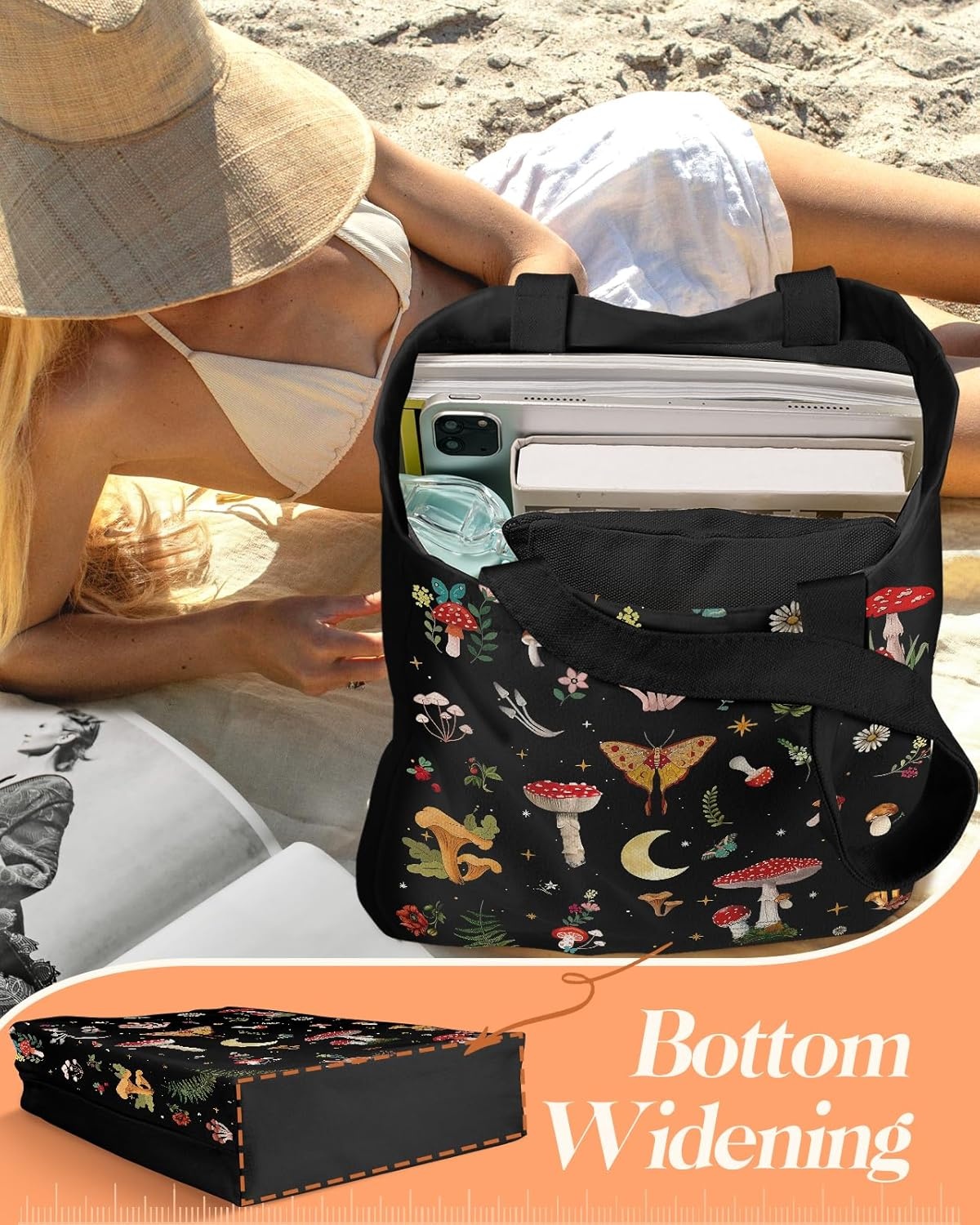image:imageMiss Adola 2 Pack Canvas Tote Bag with Makeup Pouch Aesthetic Cute Women Reusable Canvas Bag for Shopping Work TravelBlack Mushroom