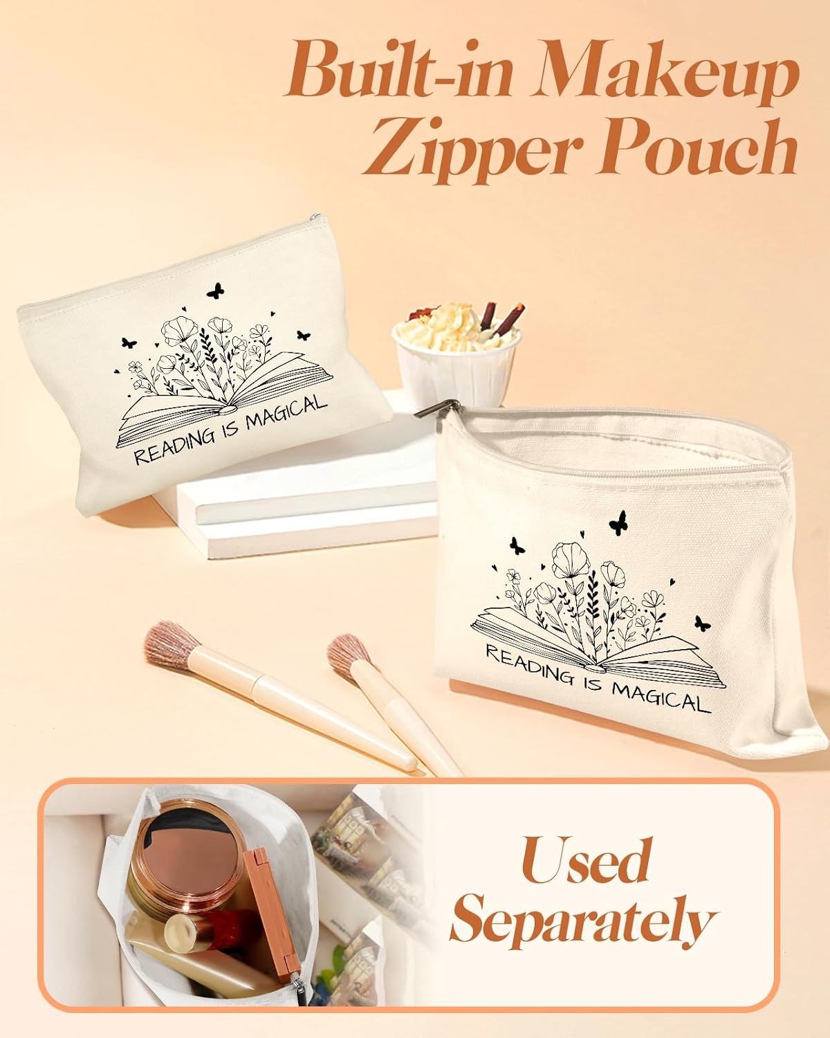 image:imageMiss Adola 2 Pack Canvas Tote Bag with Makeup Pouch Aesthetic Cute Women Reusable Canvas Bag for Shopping Work TravelBooks Blossoms