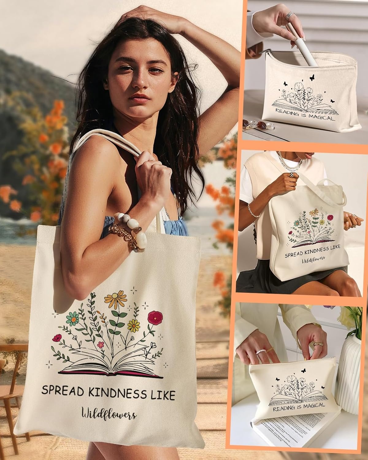 image:imageMiss Adola 2 Pack Canvas Tote Bag with Makeup Pouch Aesthetic Cute Women Reusable Canvas Bag for Shopping Work TravelBooks Blossoms