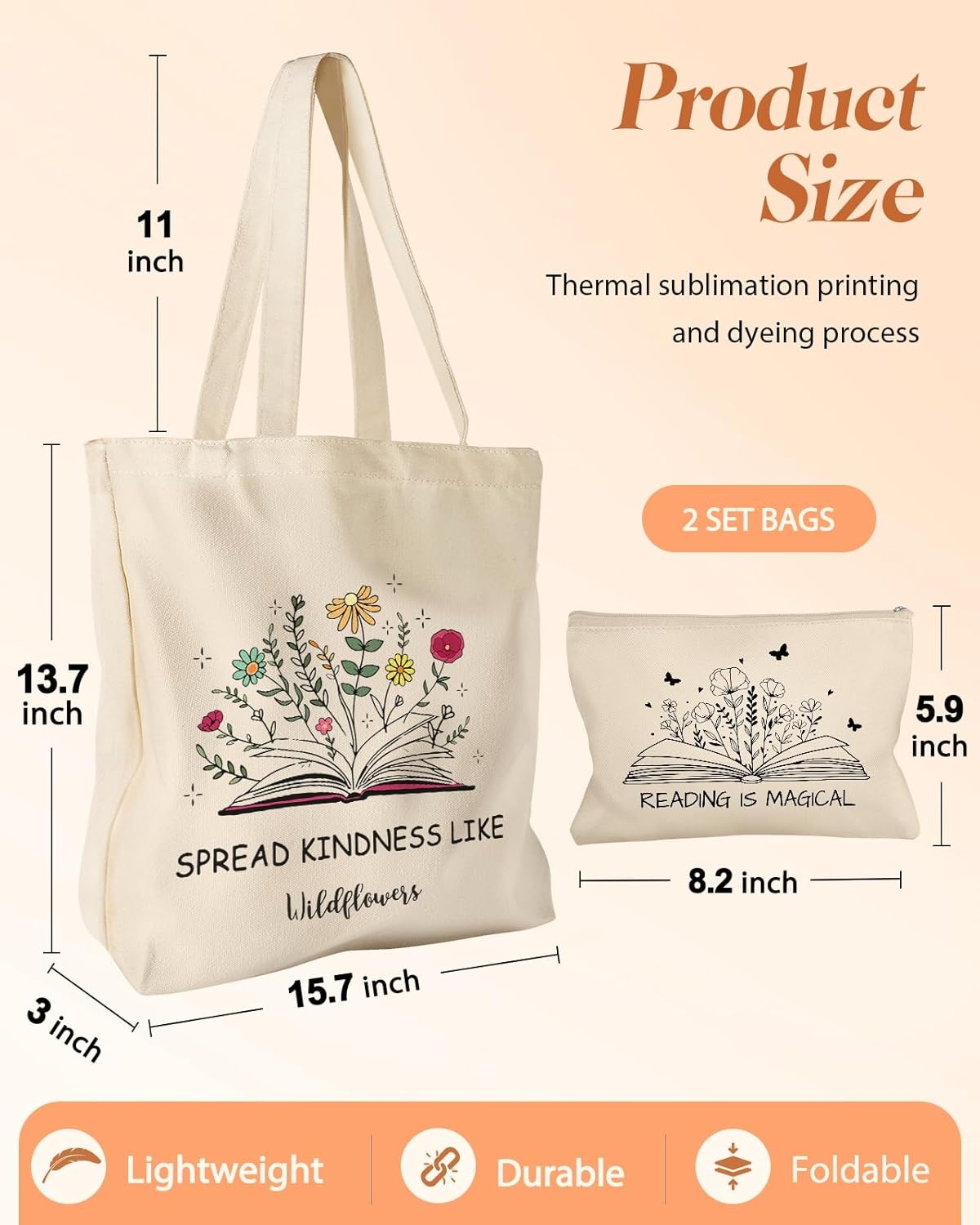 image:imageMiss Adola 2 Pack Canvas Tote Bag with Makeup Pouch Aesthetic Cute Women Reusable Canvas Bag for Shopping Work TravelBooks Blossoms