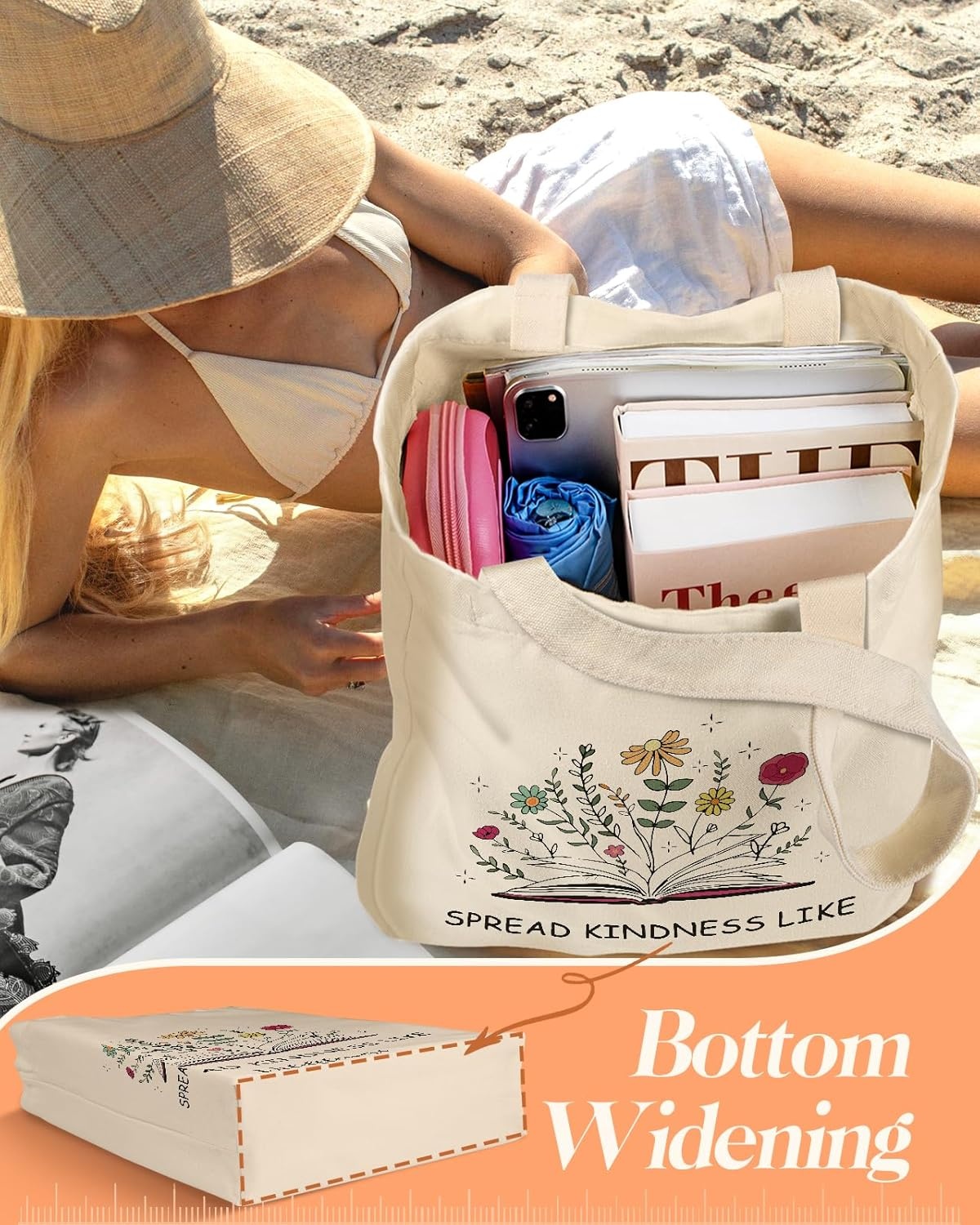 image:imageMiss Adola 2 Pack Canvas Tote Bag with Makeup Pouch Aesthetic Cute Women Reusable Canvas Bag for Shopping Work TravelBooks Blossoms