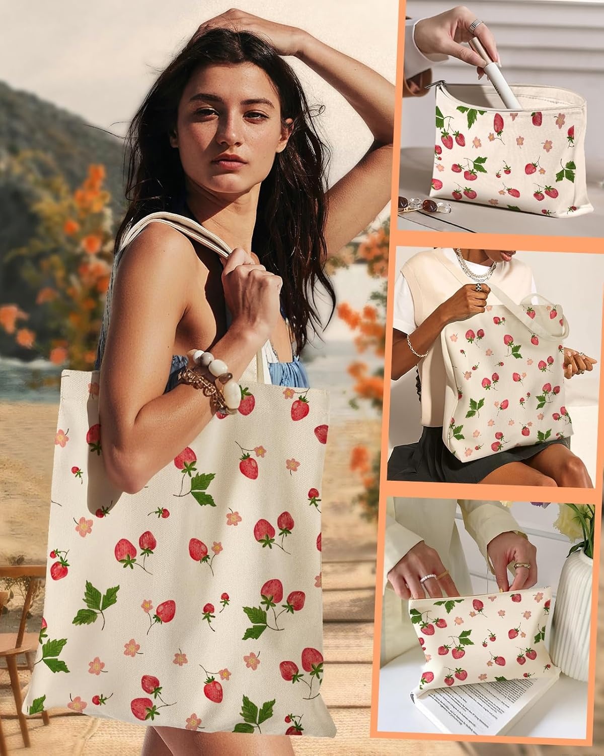 image:imageMiss Adola 2 Pack Canvas Tote Bag with Makeup Pouch Aesthetic Cute Women Reusable Canvas Bag for Shopping Work TravelColor Strawberry