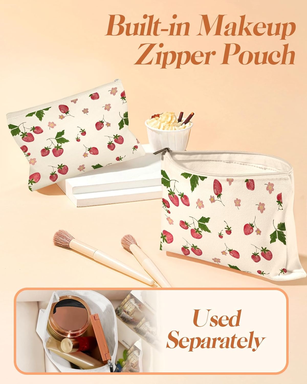 image:imageMiss Adola 2 Pack Canvas Tote Bag with Makeup Pouch Aesthetic Cute Women Reusable Canvas Bag for Shopping Work TravelColor Strawberry