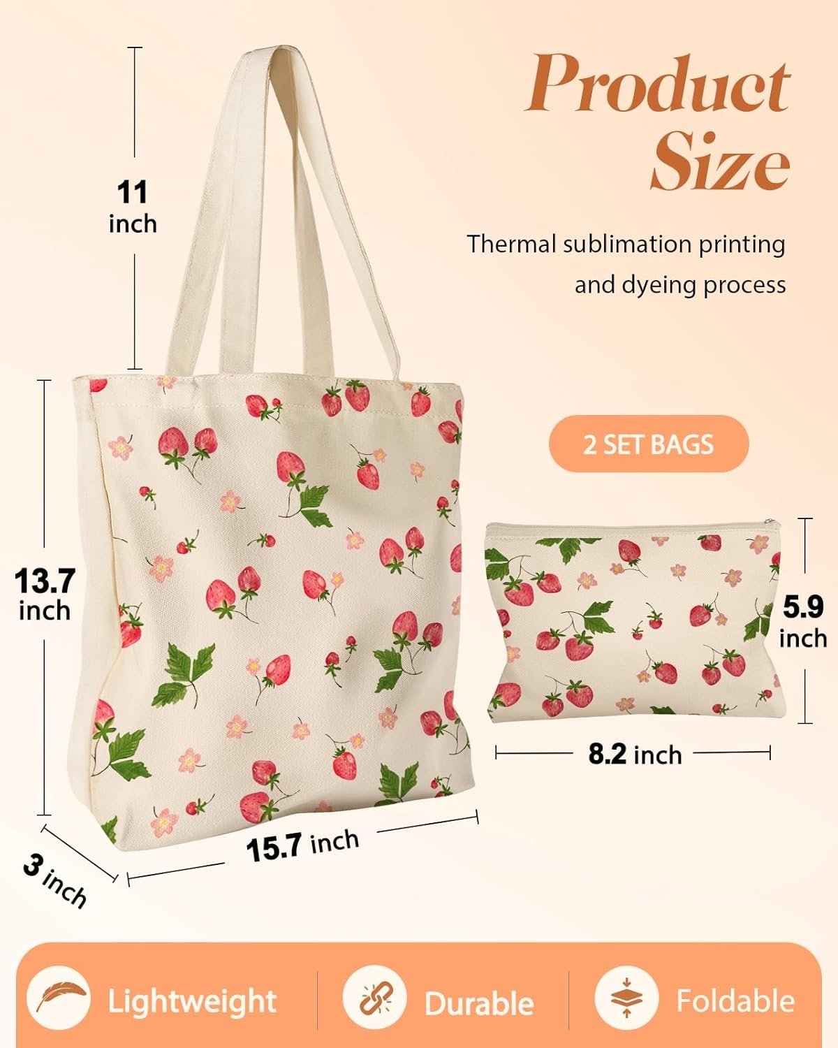 image:imageMiss Adola 2 Pack Canvas Tote Bag with Makeup Pouch Aesthetic Cute Women Reusable Canvas Bag for Shopping Work TravelColor Strawberry