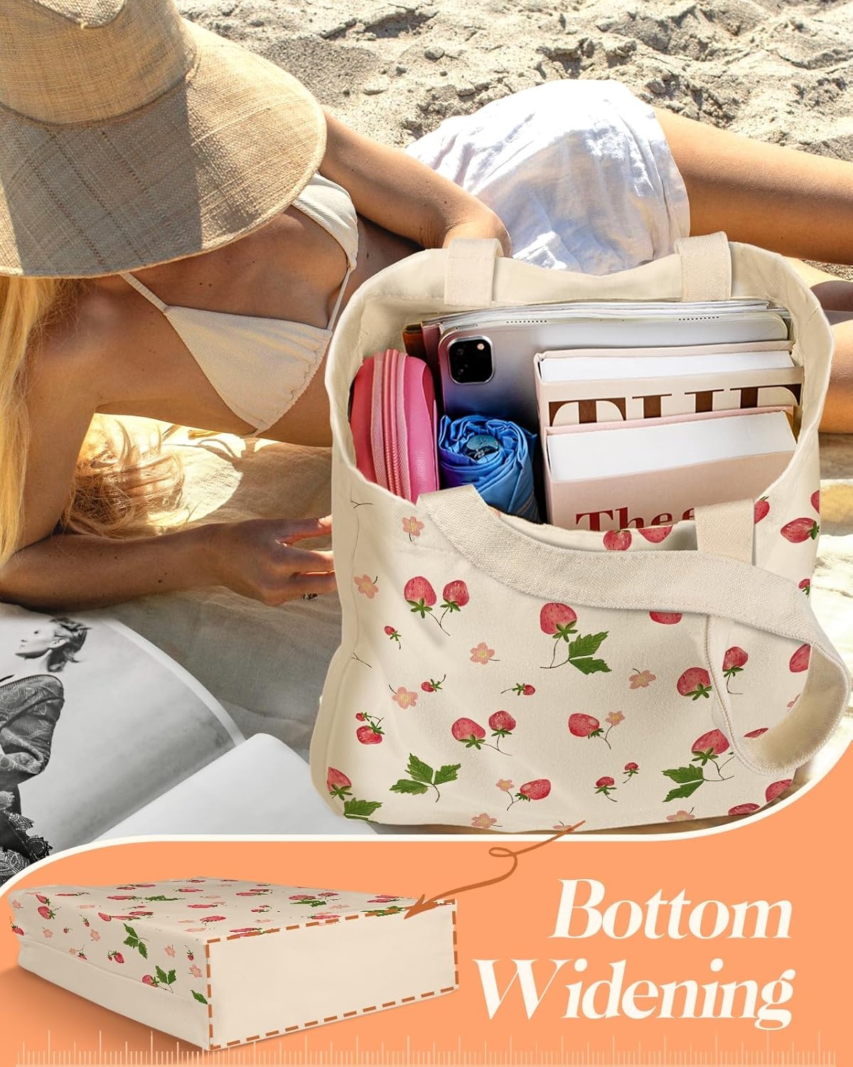 image:imageMiss Adola 2 Pack Canvas Tote Bag with Makeup Pouch Aesthetic Cute Women Reusable Canvas Bag for Shopping Work TravelColor Strawberry