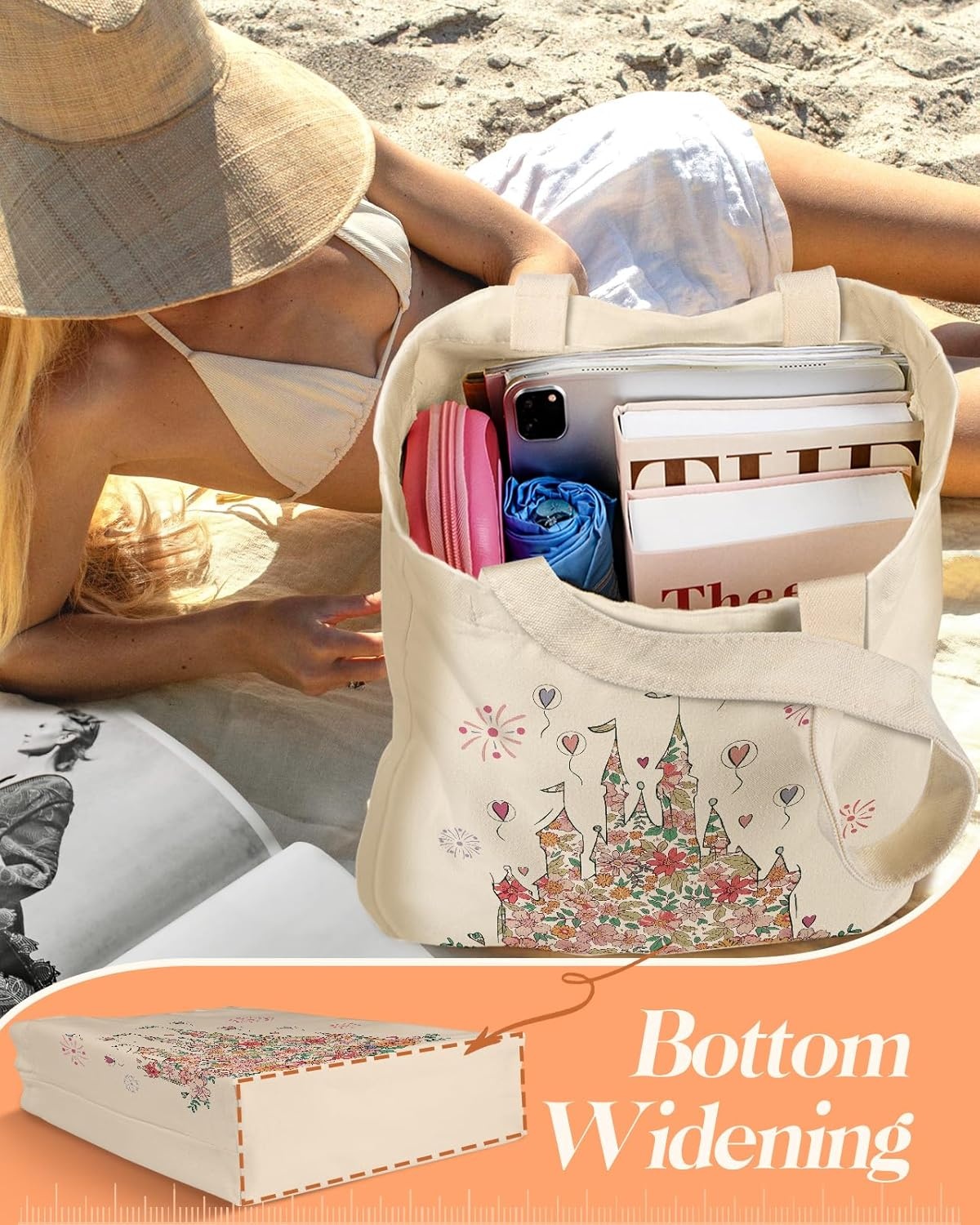 image:imageMiss Adola 2 Pack Canvas Tote Bag with Makeup Pouch Aesthetic Cute Women Reusable Canvas Bag for Shopping Work TravelFlower Castles