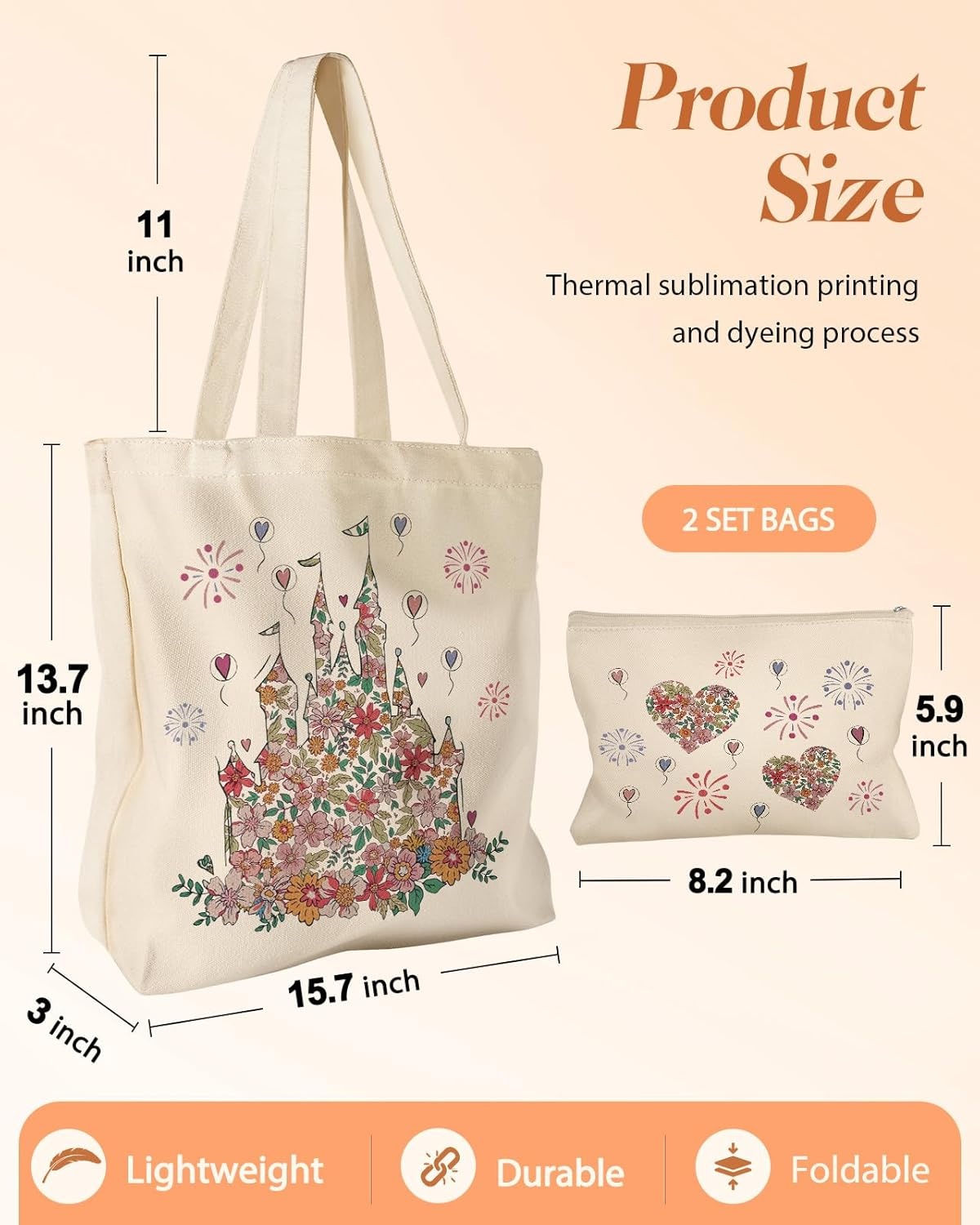image:imageMiss Adola 2 Pack Canvas Tote Bag with Makeup Pouch Aesthetic Cute Women Reusable Canvas Bag for Shopping Work TravelFlower Castles