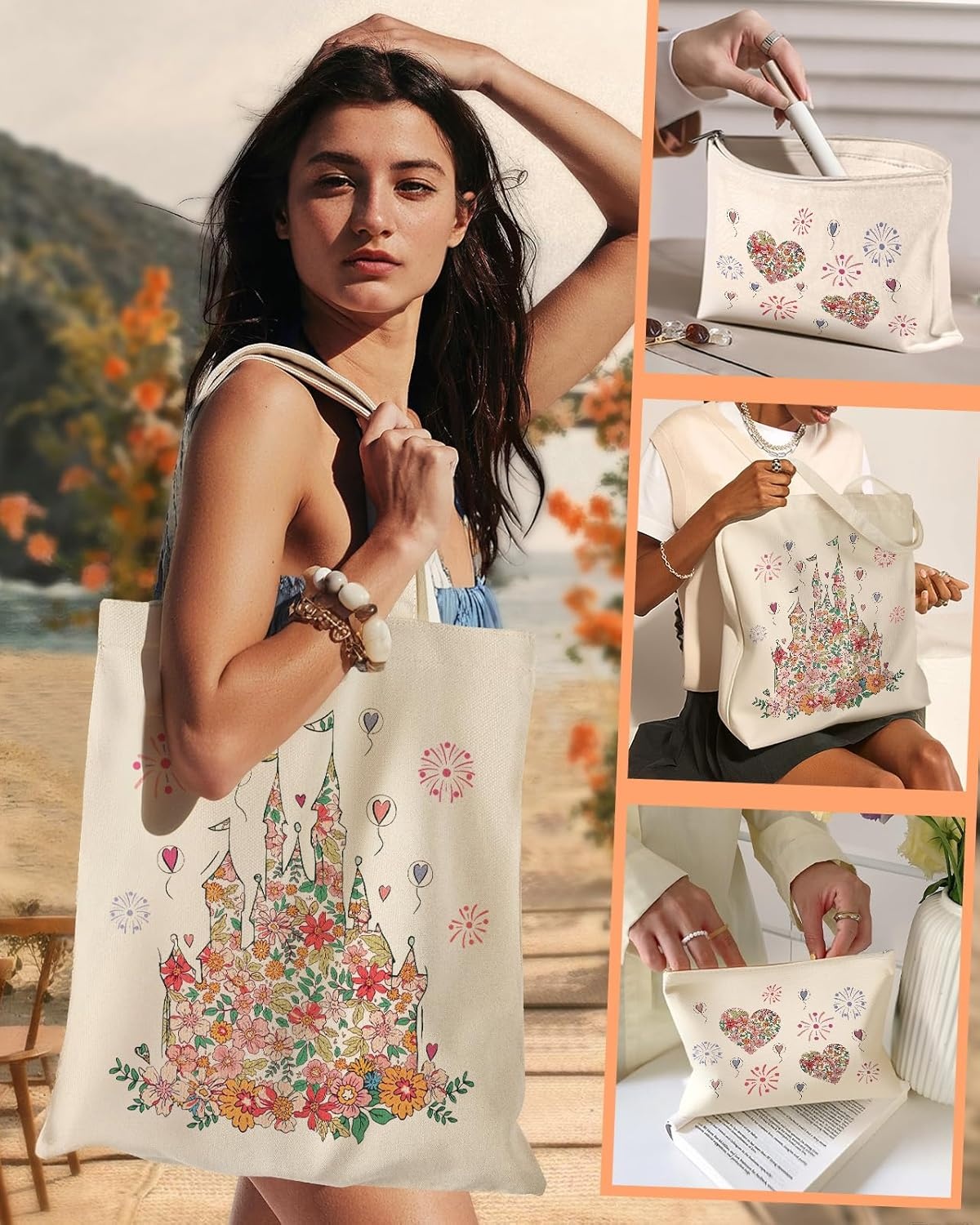 image:imageMiss Adola 2 Pack Canvas Tote Bag with Makeup Pouch Aesthetic Cute Women Reusable Canvas Bag for Shopping Work TravelFlower Castles