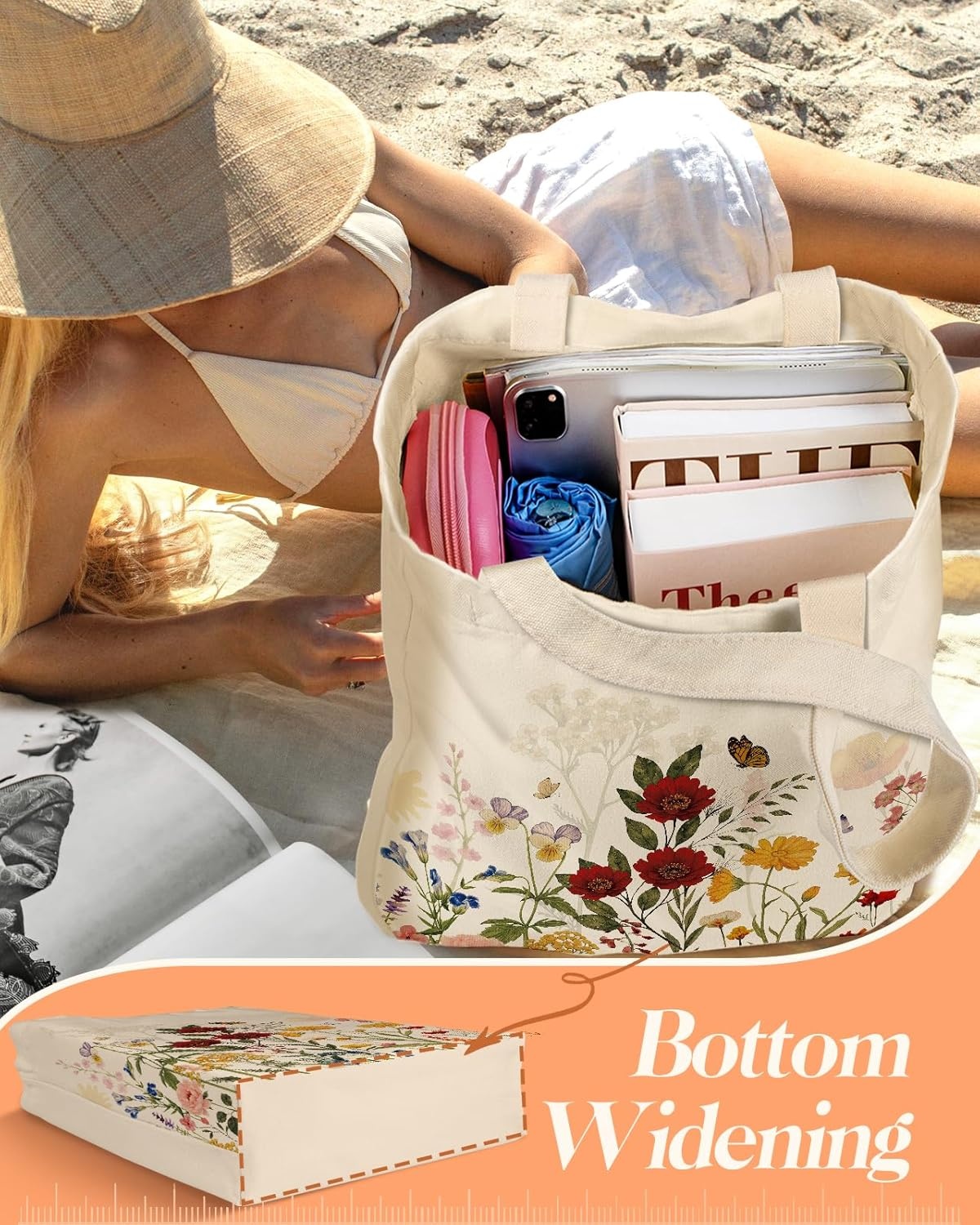 image:imageMiss Adola 2 Pack Canvas Tote Bag with Makeup Pouch Aesthetic Cute Women Reusable Canvas Bag for Shopping Work TravelNew Retro Flowers