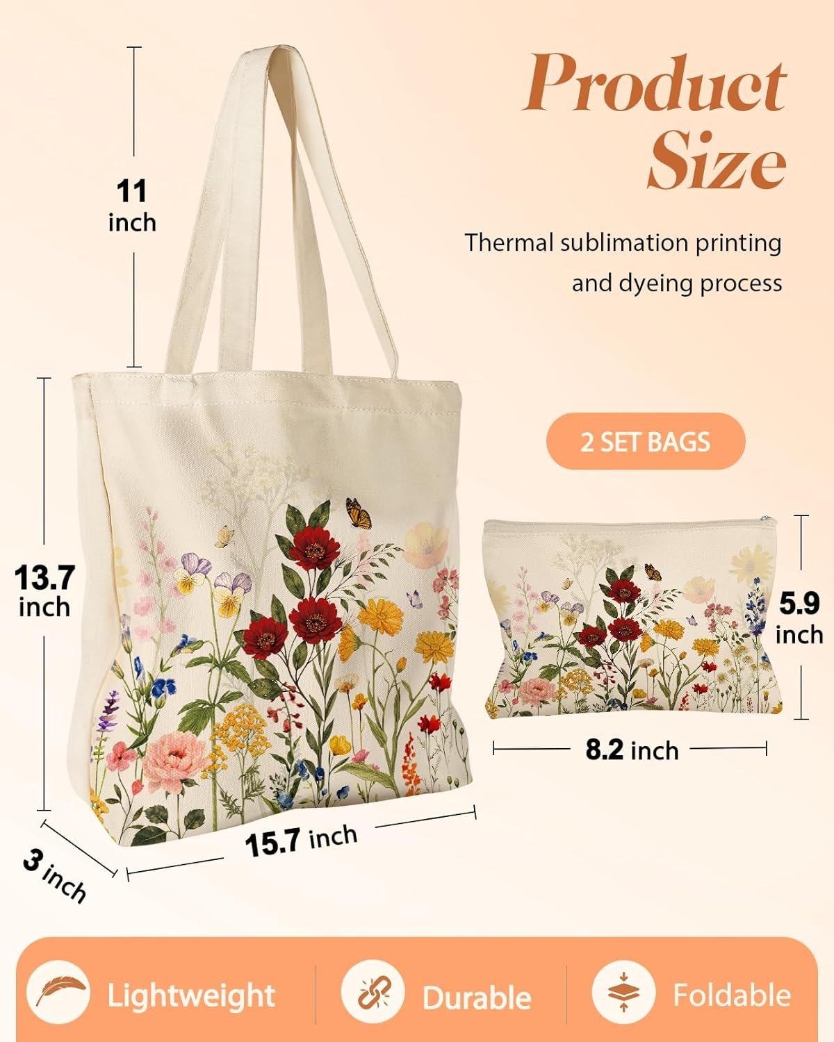 image:imageMiss Adola 2 Pack Canvas Tote Bag with Makeup Pouch Aesthetic Cute Women Reusable Canvas Bag for Shopping Work TravelNew Retro Flowers
