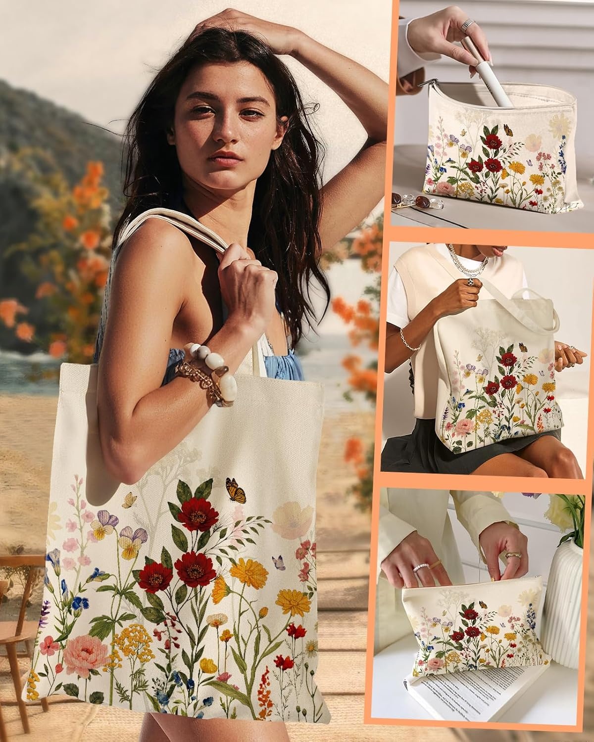 image:imageMiss Adola 2 Pack Canvas Tote Bag with Makeup Pouch Aesthetic Cute Women Reusable Canvas Bag for Shopping Work TravelNew Retro Flowers