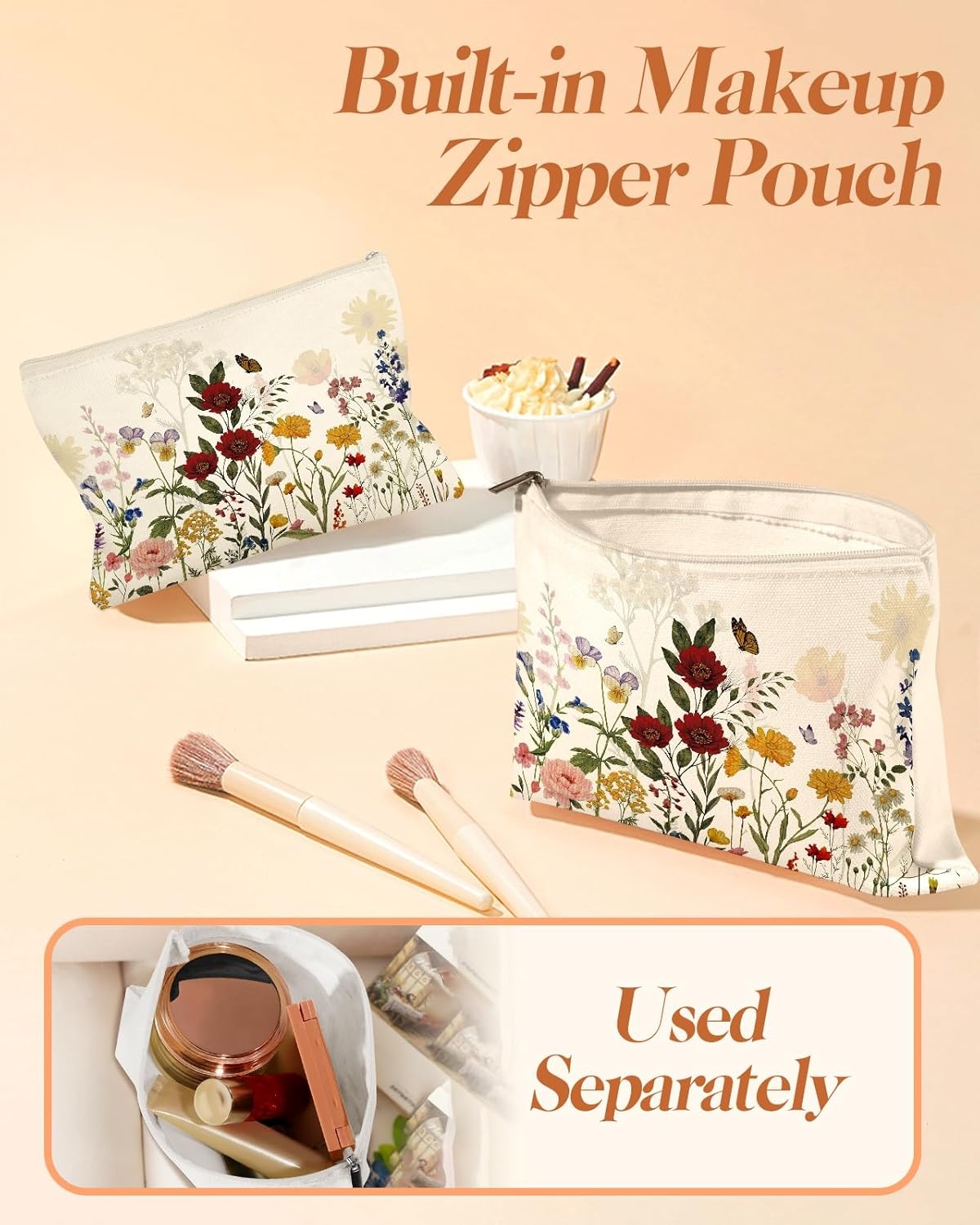 image:imageMiss Adola 2 Pack Canvas Tote Bag with Makeup Pouch Aesthetic Cute Women Reusable Canvas Bag for Shopping Work TravelNew Retro Flowers