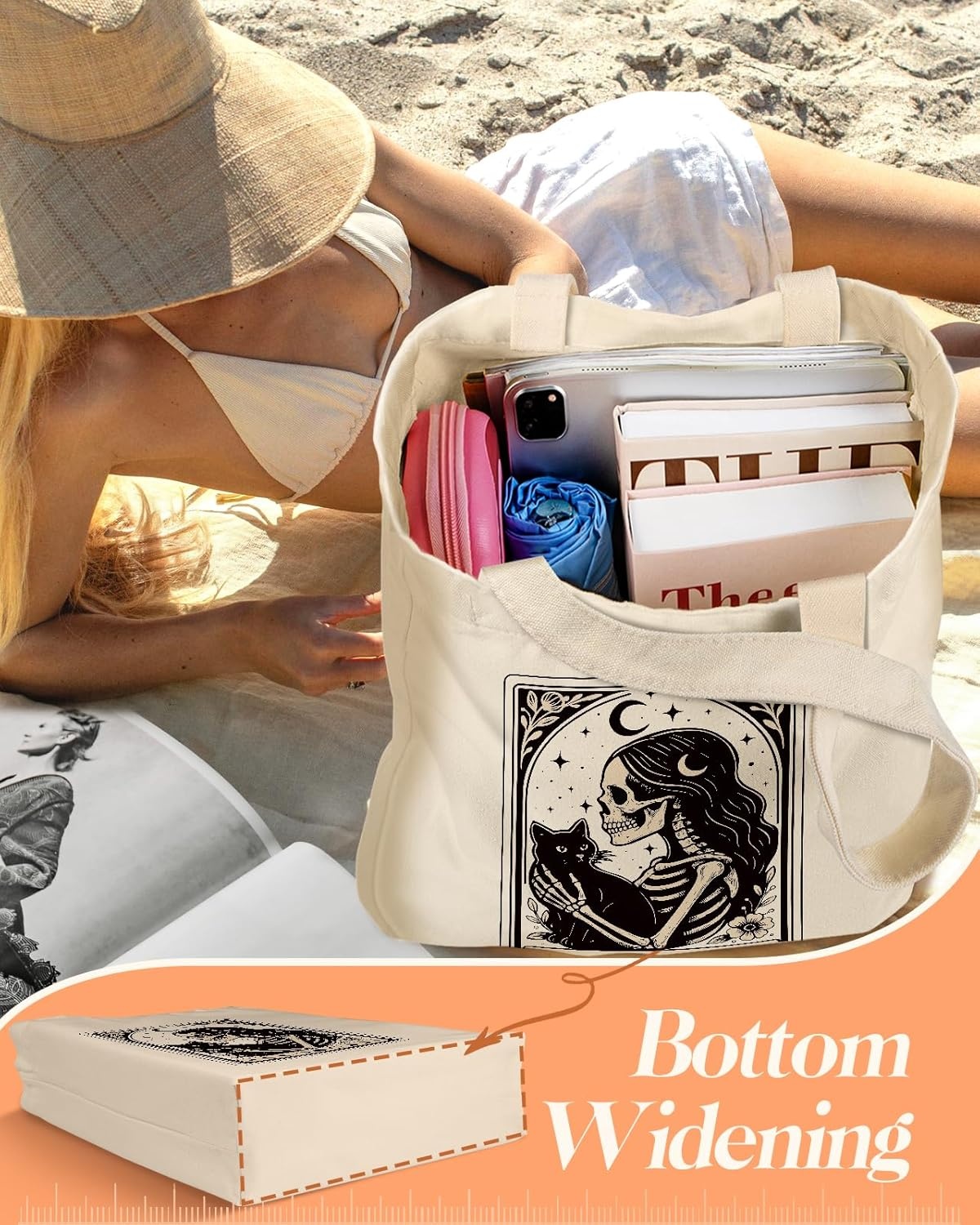image:imageMiss Adola 2 Pack Canvas Tote Bag with Makeup Pouch Aesthetic Cute Women Reusable Canvas Bag for Shopping Work TravelSkull Cats