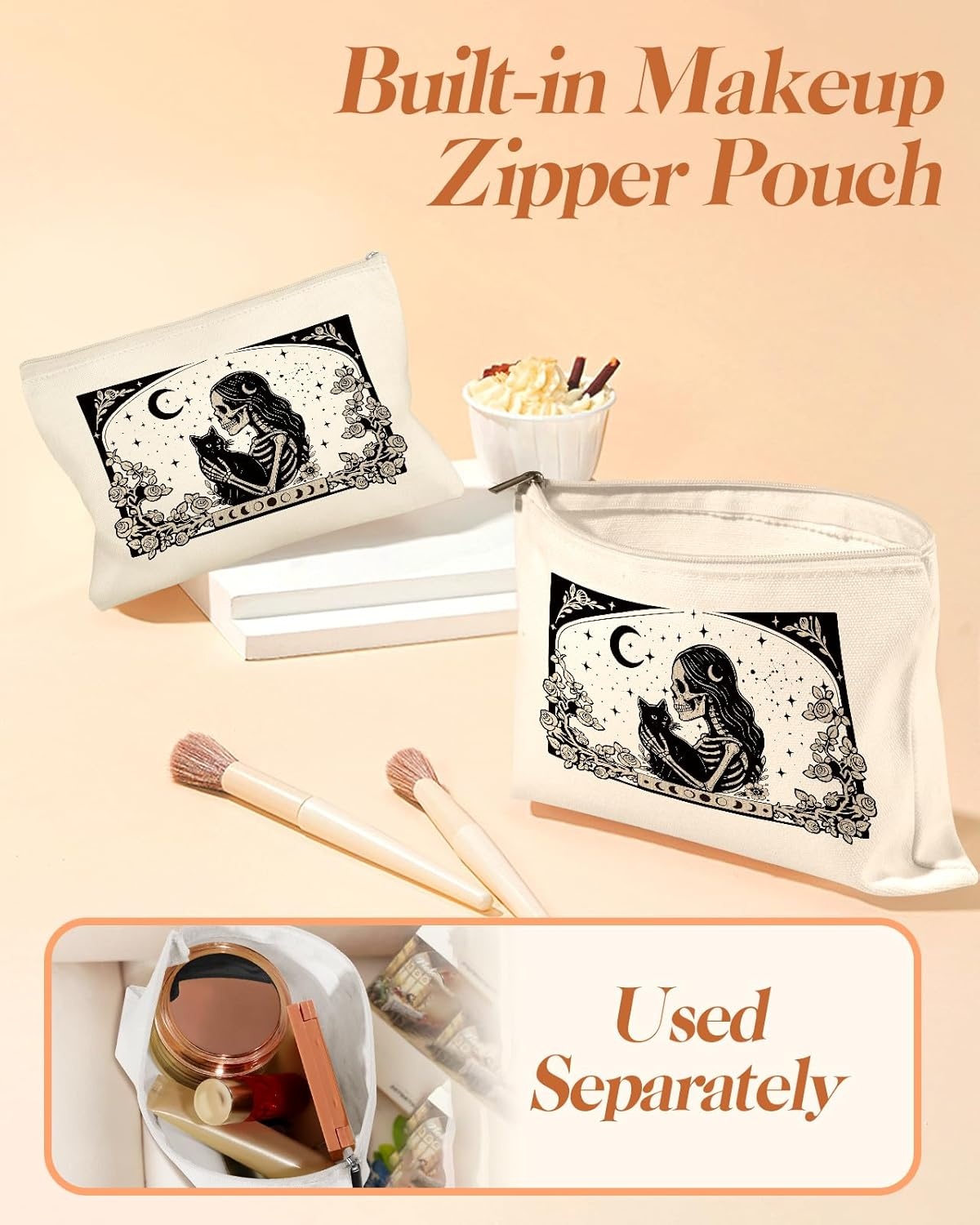image:imageMiss Adola 2 Pack Canvas Tote Bag with Makeup Pouch Aesthetic Cute Women Reusable Canvas Bag for Shopping Work TravelSkull Cats