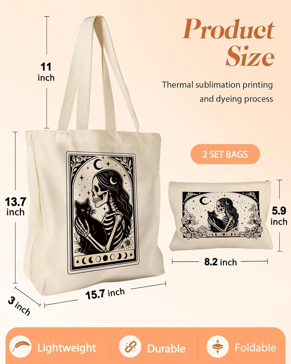 image:imageMiss Adola 2 Pack Canvas Tote Bag with Makeup Pouch Aesthetic Cute Women Reusable Canvas Bag for Shopping Work TravelSkull Cats