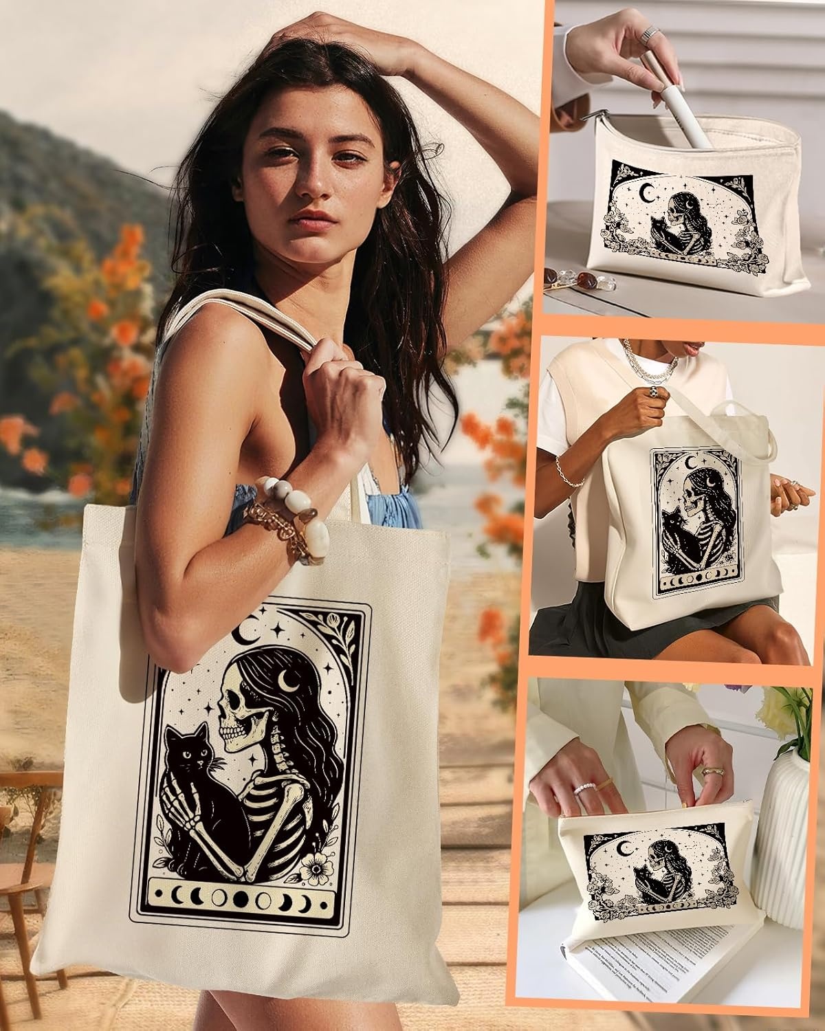 image:imageMiss Adola 2 Pack Canvas Tote Bag with Makeup Pouch Aesthetic Cute Women Reusable Canvas Bag for Shopping Work TravelSkull Cats
