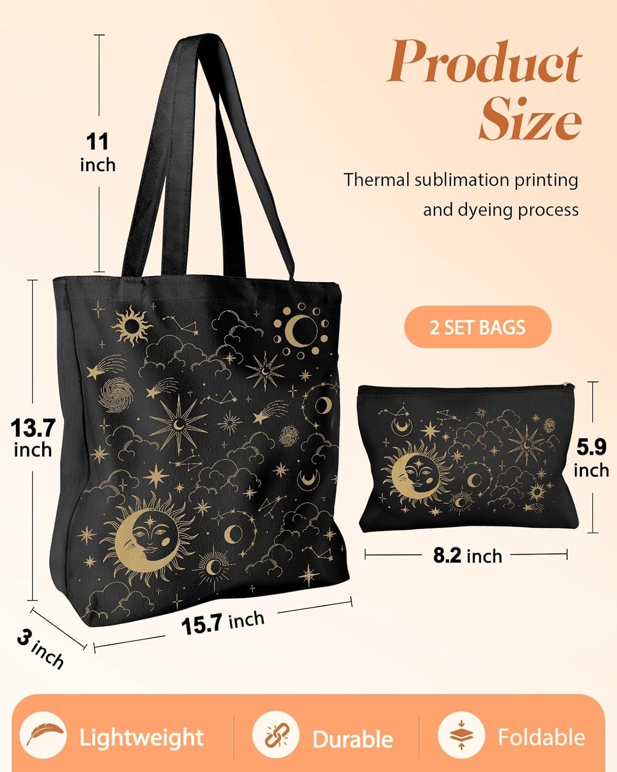 image:imageMiss Adola 2 Pack Canvas Tote Bag with Makeup Pouch Aesthetic Cute Women Reusable Canvas Bag for Shopping Work TravelSun Moon Sign
