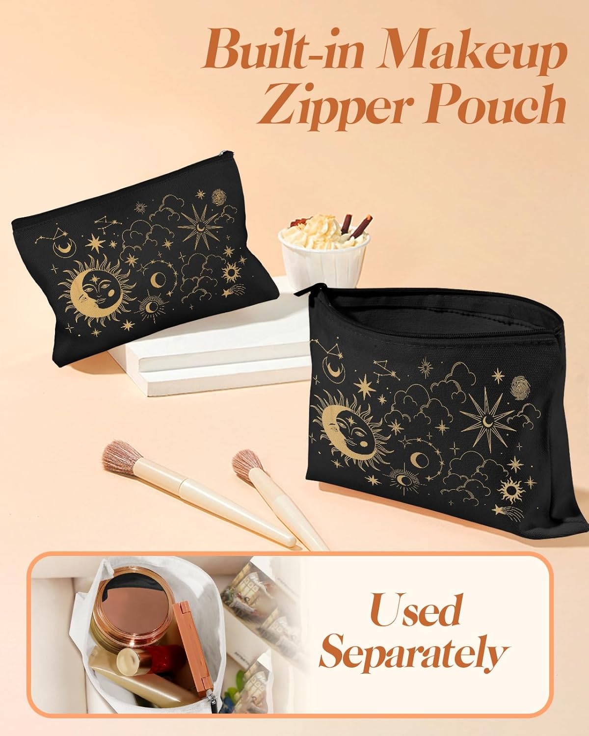 image:imageMiss Adola 2 Pack Canvas Tote Bag with Makeup Pouch Aesthetic Cute Women Reusable Canvas Bag for Shopping Work TravelSun Moon Sign