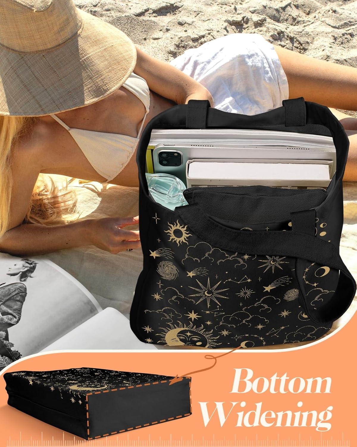 image:imageMiss Adola 2 Pack Canvas Tote Bag with Makeup Pouch Aesthetic Cute Women Reusable Canvas Bag for Shopping Work TravelSun Moon Sign