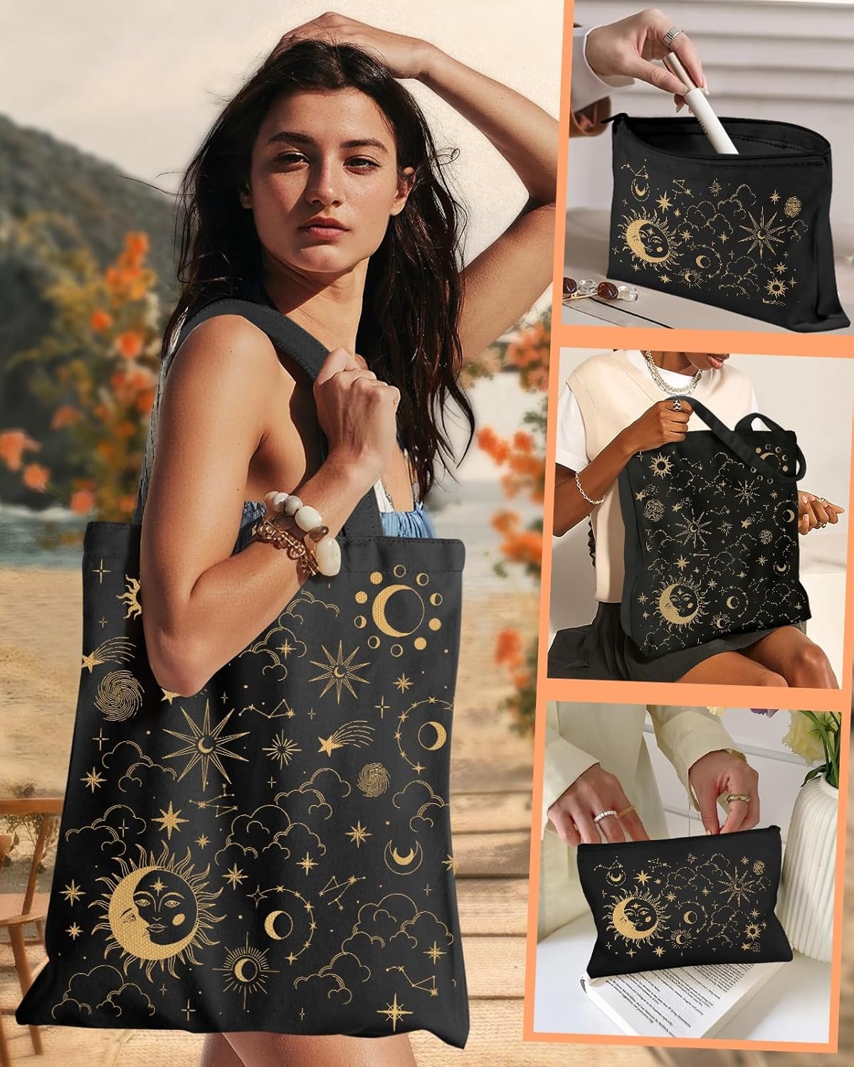 image:imageMiss Adola 2 Pack Canvas Tote Bag with Makeup Pouch Aesthetic Cute Women Reusable Canvas Bag for Shopping Work TravelSun Moon Sign