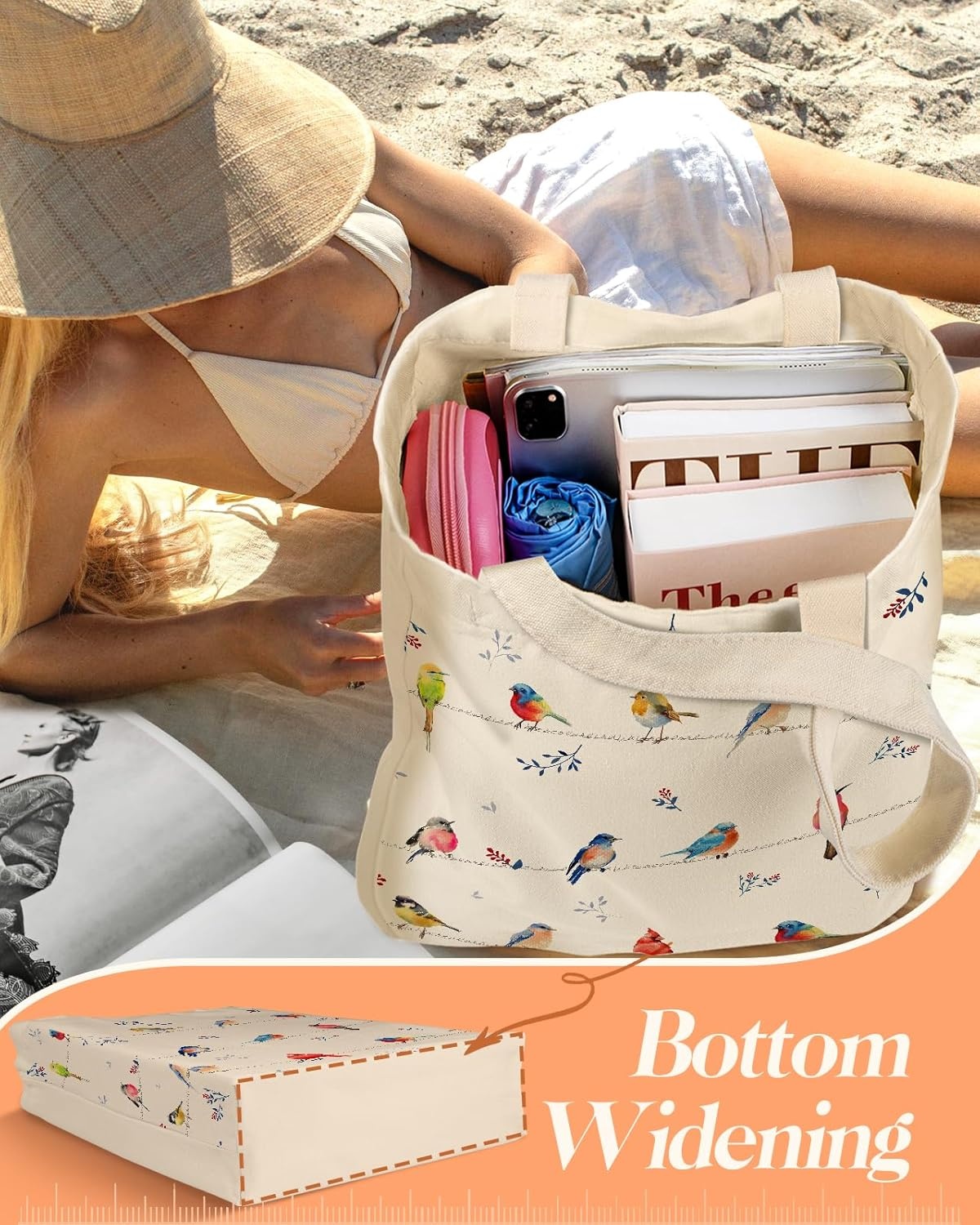 image:imageMiss Adola 2 Pack Canvas Tote Bag with Makeup Pouch Aesthetic Cute Women Reusable Canvas Bag for Shopping Work TravelWatercolor Bird