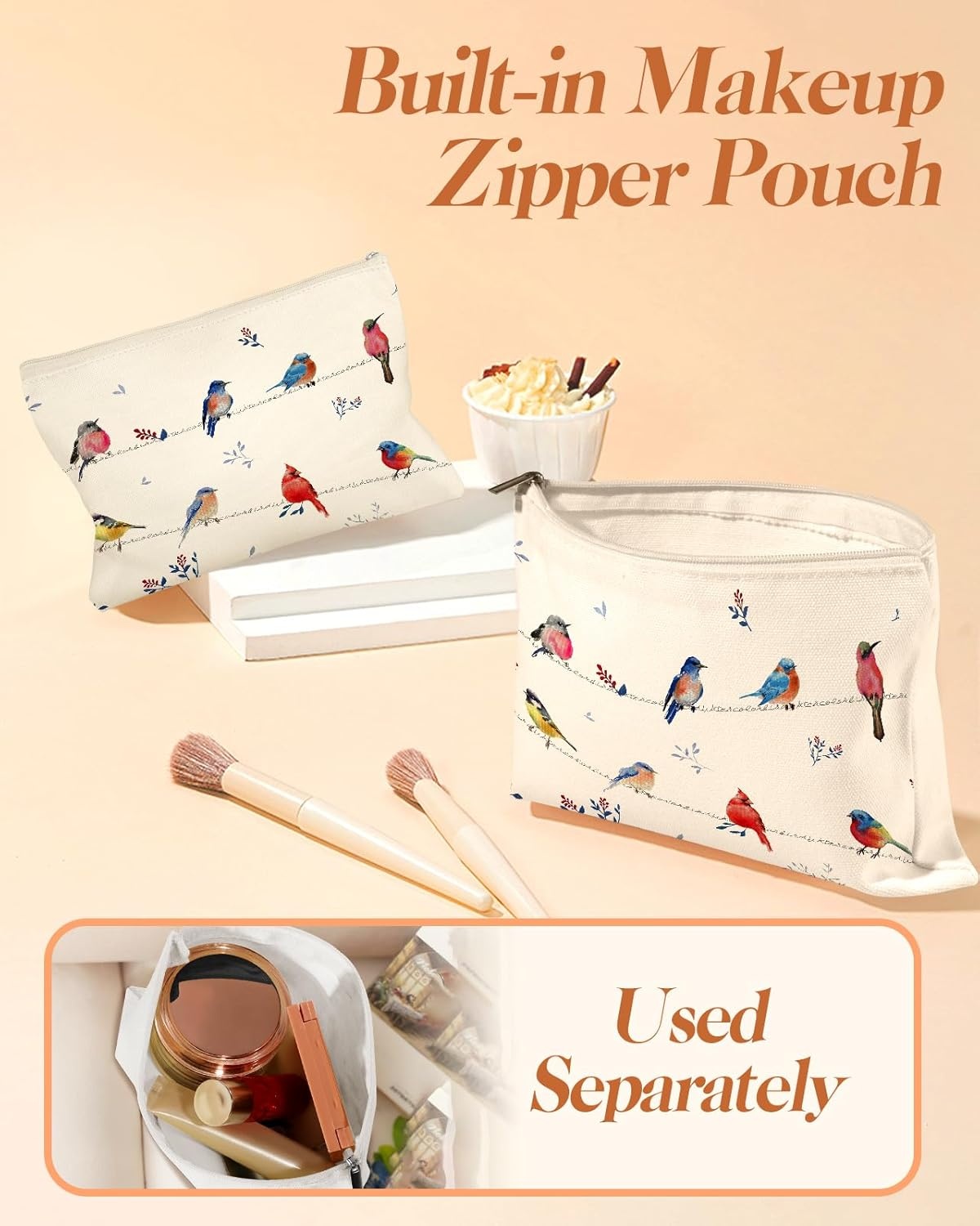 image:imageMiss Adola 2 Pack Canvas Tote Bag with Makeup Pouch Aesthetic Cute Women Reusable Canvas Bag for Shopping Work TravelWatercolor Bird