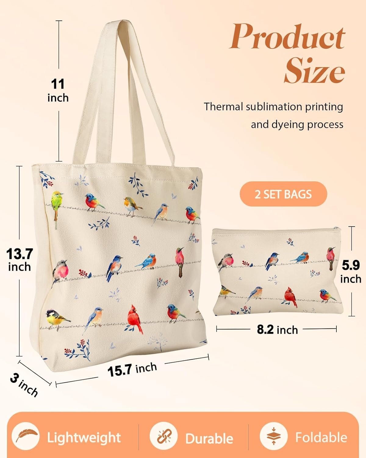 image:imageMiss Adola 2 Pack Canvas Tote Bag with Makeup Pouch Aesthetic Cute Women Reusable Canvas Bag for Shopping Work TravelWatercolor Bird