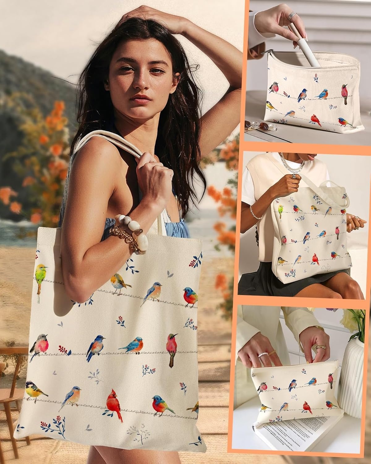 image:imageMiss Adola 2 Pack Canvas Tote Bag with Makeup Pouch Aesthetic Cute Women Reusable Canvas Bag for Shopping Work TravelWatercolor Bird