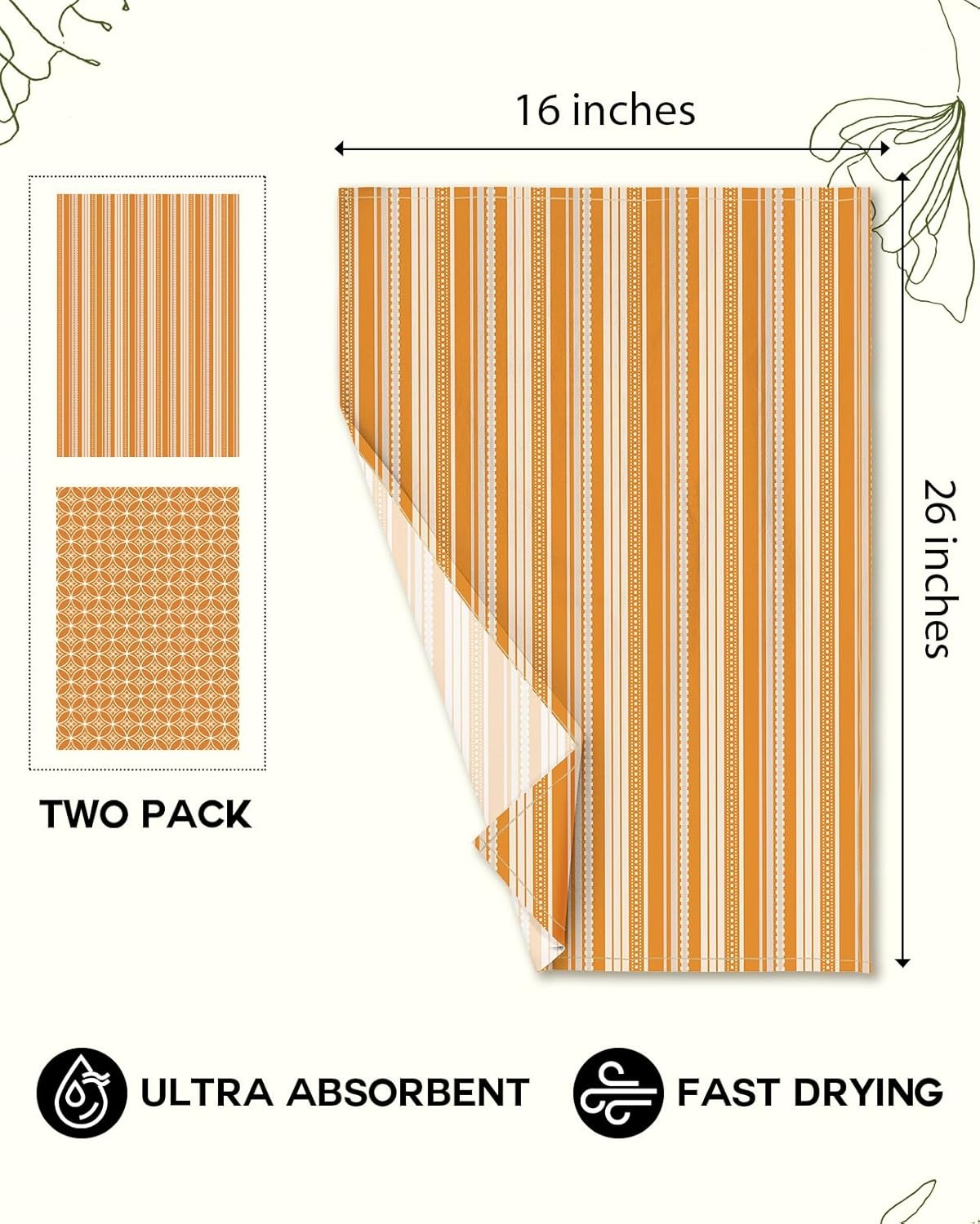 image:imageMiss Adola 2 Pack Flour Sack Kitchen Towels 16x26 Inch Cotton Dish Towels with Hanging Loop Reusable Geometric Boho Modern Retro Tea Towel Absorbent Dishcloths Home Decor Beige Checkered FlowerOrange Stripe