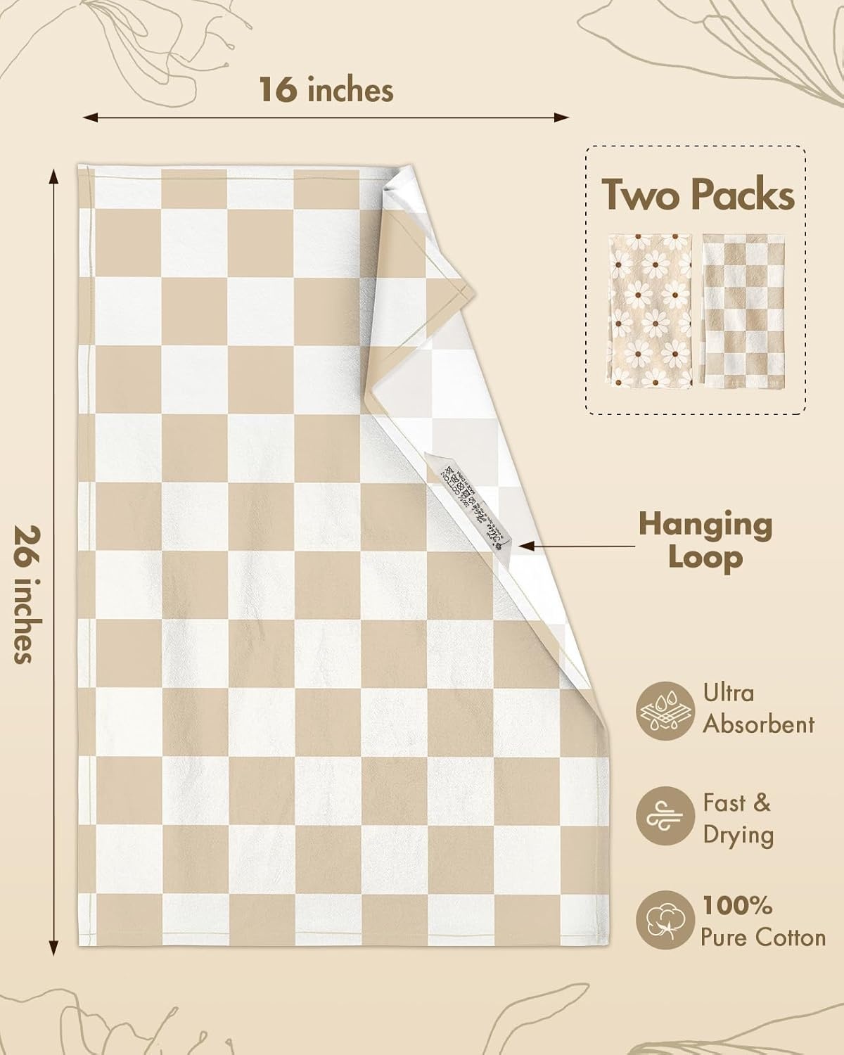image:imageMiss Adola 2 Pack Flour Sack Kitchen Towels 16x26 Inch Cotton Dish Towels with Hanging Loop Reusable Geometric Boho Modern Retro Tea Towel Absorbent Dishcloths Home Decor Beige Checkered FlowerBeige Daisy