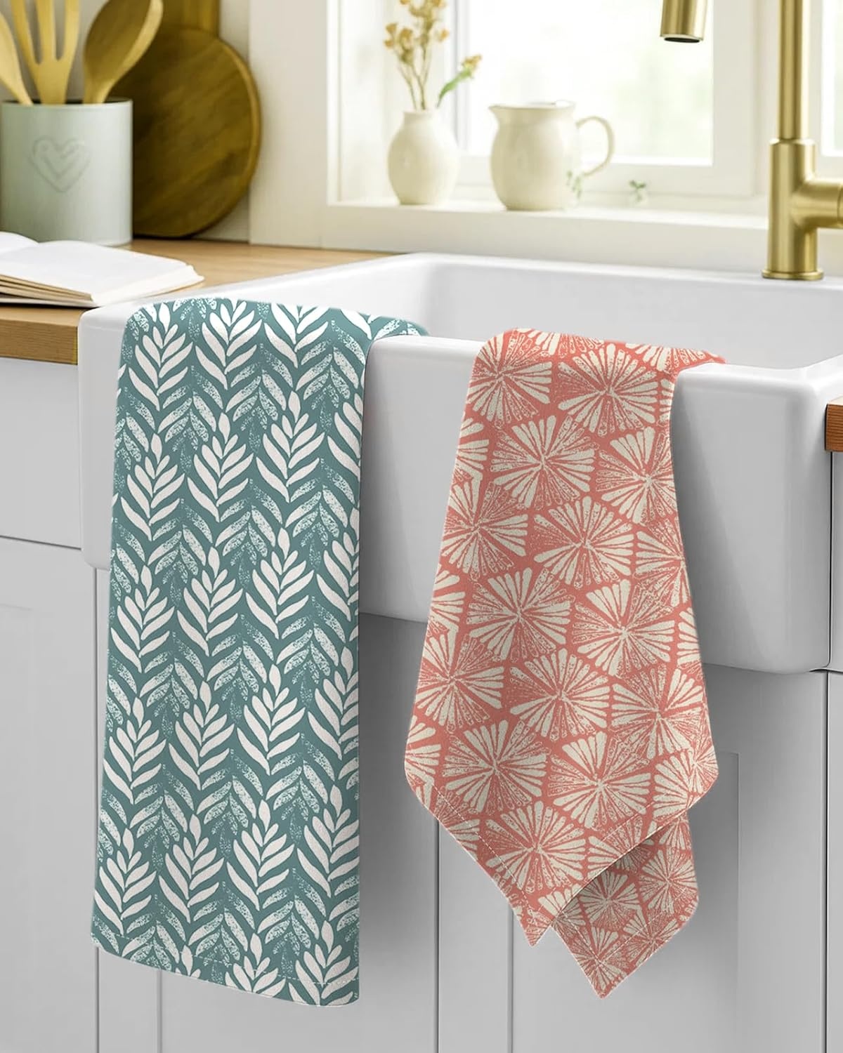 image:imageMiss Adola 2 Pack Flour Sack Kitchen Towels 16x26 Inch Cotton Dish Towels with Hanging Loop Reusable Geometric Boho Modern Retro Tea Towel Absorbent Dishcloths Home Decor Beige Checkered FlowerBotanical Flower