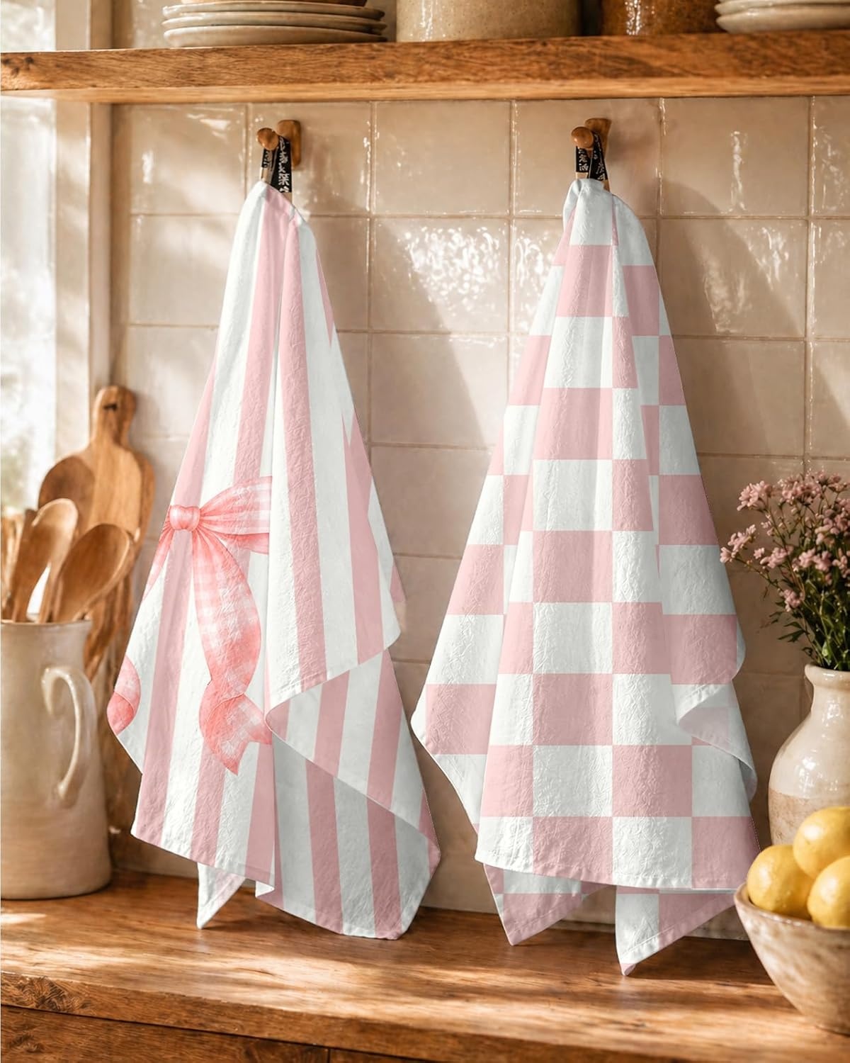 image:imageMiss Adola 2 Pack Flour Sack Kitchen Towels 16x26 Inch Cotton Dish Towels with Hanging Loop Reusable Geometric Boho Modern Retro Tea Towel Absorbent Dishcloths Home Decor Beige Checkered FlowerPink Bow