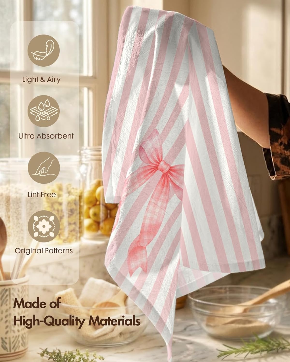 image:imageMiss Adola 2 Pack Flour Sack Kitchen Towels 16x26 Inch Cotton Dish Towels with Hanging Loop Reusable Geometric Boho Modern Retro Tea Towel Absorbent Dishcloths Home Decor Beige Checkered FlowerPink Bow