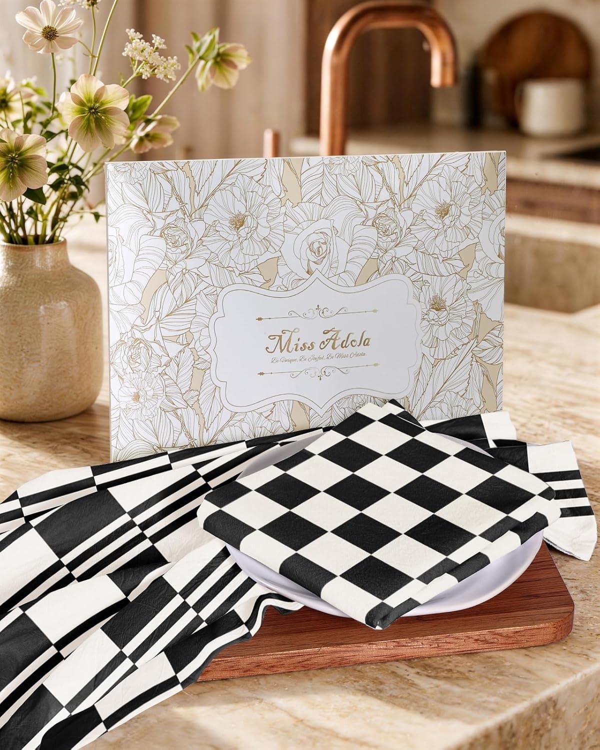 image:imageMiss Adola 2 Pack Flour Sack Kitchen Towels 16x26 Inch Cotton Dish Towels with Hanging Loop Reusable Geometric Boho Modern Retro Tea Towel Absorbent Dishcloths Home Decor Beige Checkered FlowerCheckered