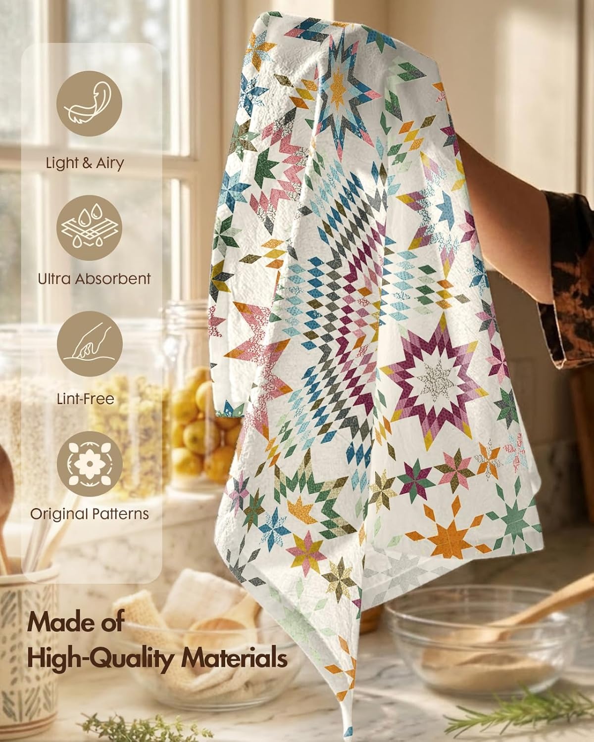 image:imageMiss Adola 2 Pack Flour Sack Kitchen Towels 16x26 Inch Cotton Dish Towels with Hanging Loop Reusable Geometric Boho Modern Retro Tea Towel Absorbent Dishcloths Home Decor Beige Checkered FlowerStarburst Design